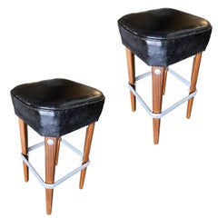 Retro Modernist Steel Studded Knife Leg Bar Stool w/ Black Top Circa 1970, Pair