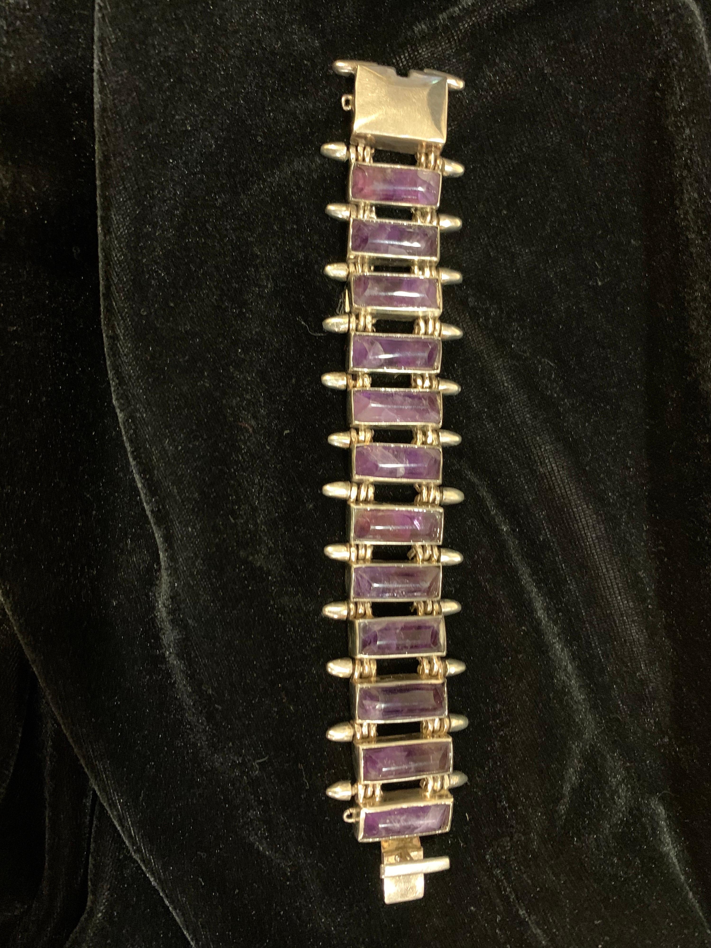 Silver Modernist Sterling and Amethyst Bracelet Signed Antonio Pineda, circa 1960