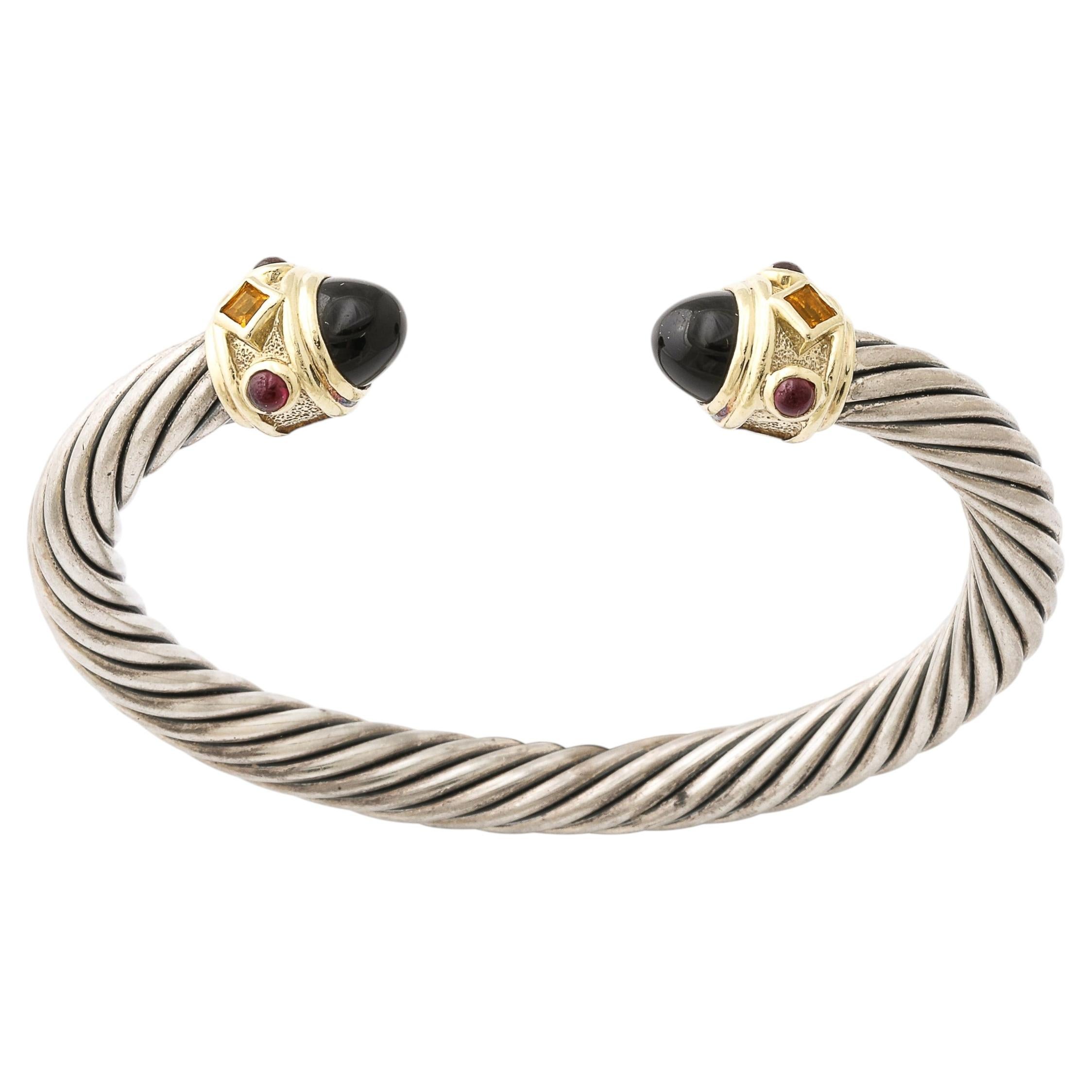 Modernist Sterling Silver, 14K Gold, Onyx, Garnet Cable Bracelet by David Yurman For Sale