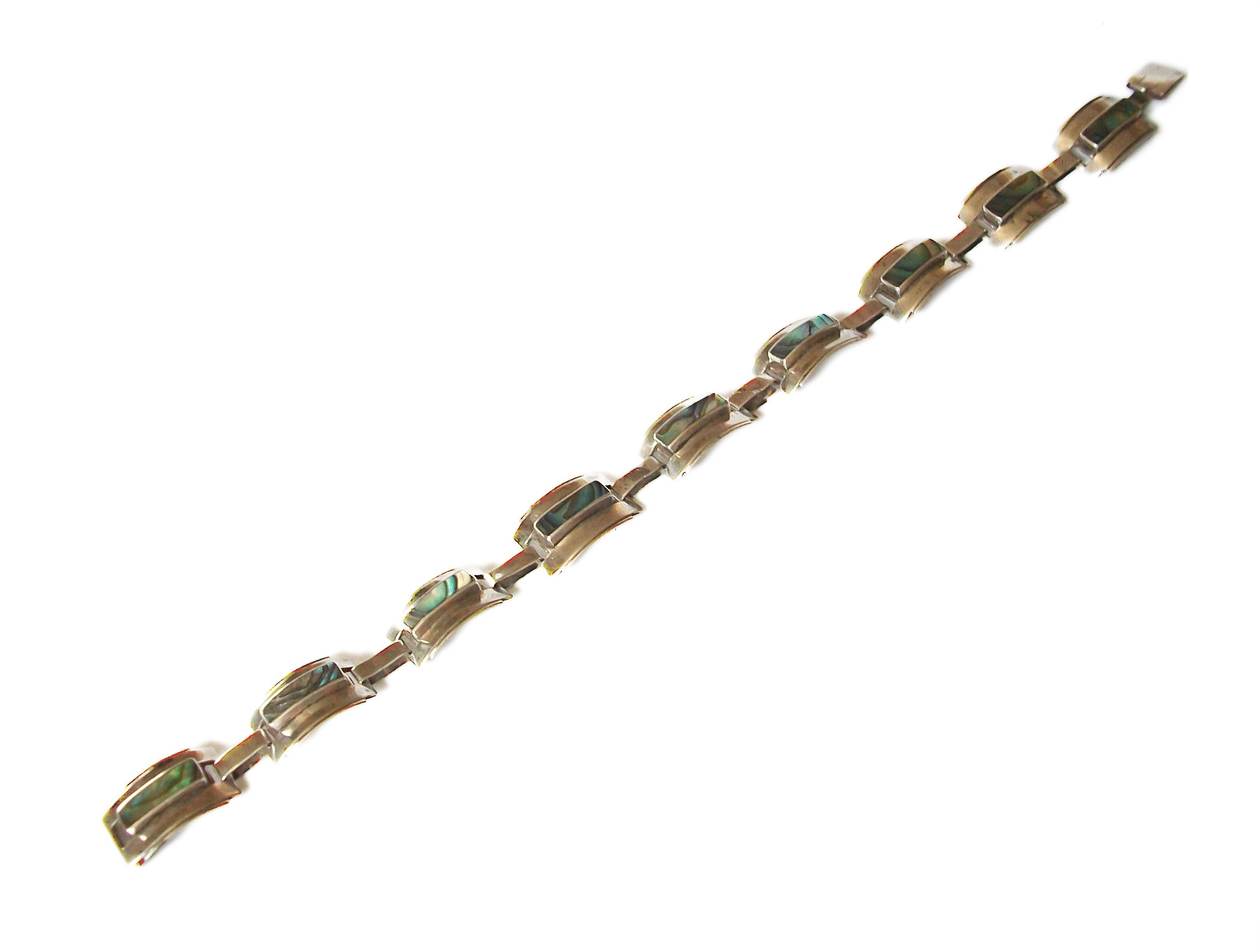 Modernist Sterling Silver & Abalone Link Bracelet - Mexico - Circa 1950's For Sale 5