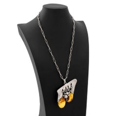 Modernist Sterling Silver Amber Pendant Necklace