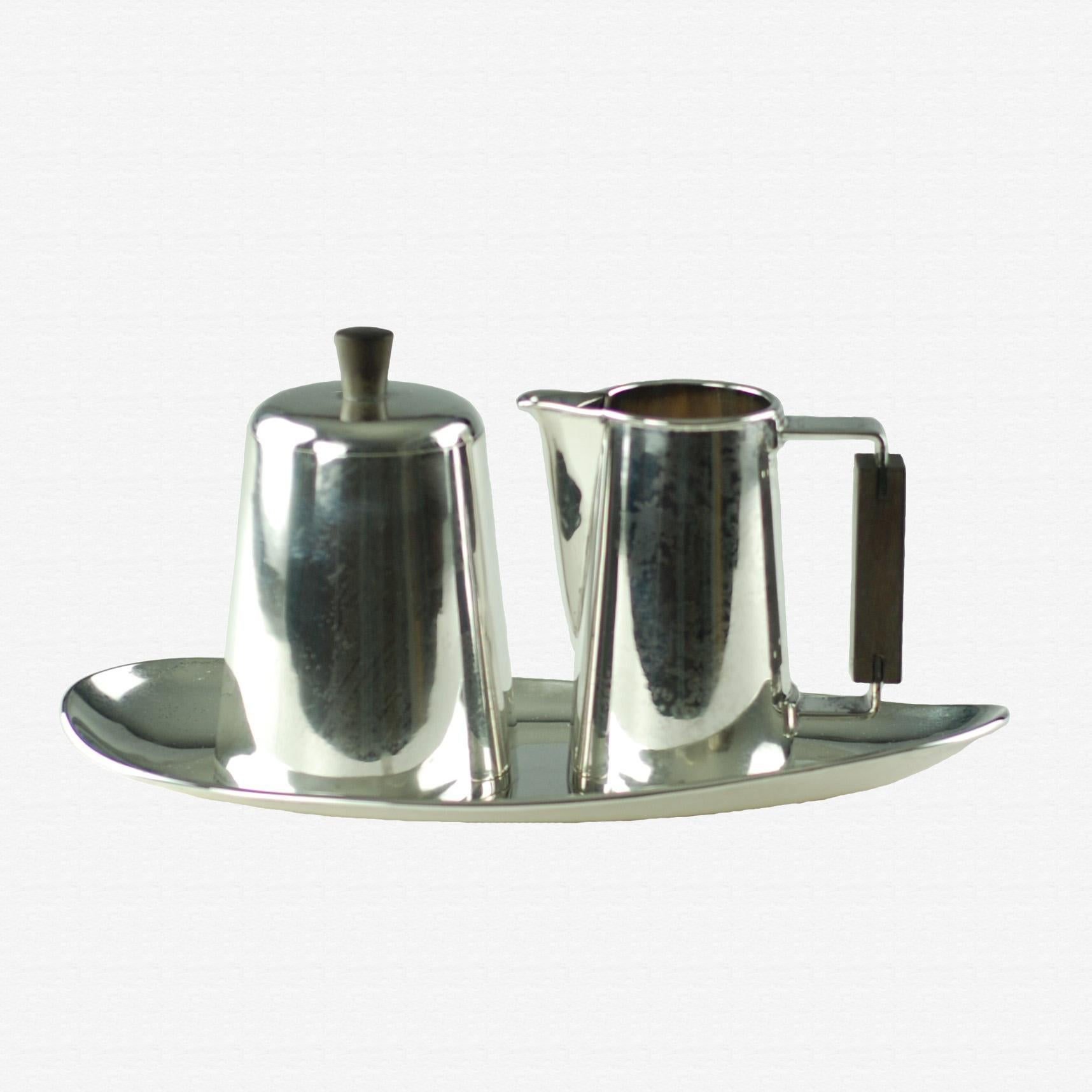 Mexican Modernist Sterling Silver and Rosewood Coffee or Tea Set with Tray For Sale