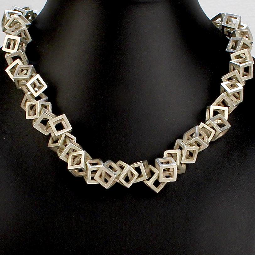 Women's or Men's Modernist Sterling Silver Open Cube Geometric Link Necklace