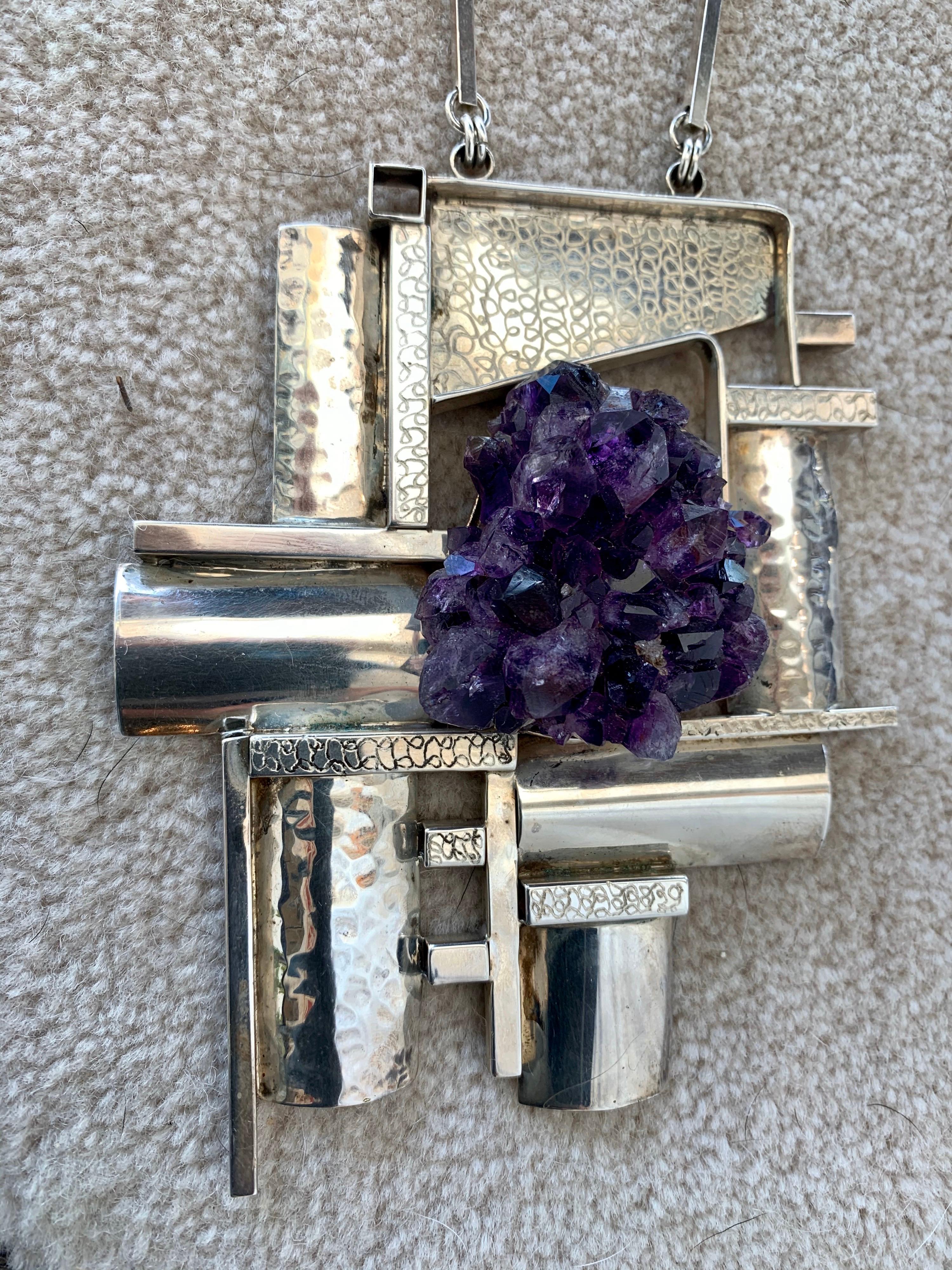 Post-Modern Modernist Sterling Silver and Raw Amethyst Necklace
