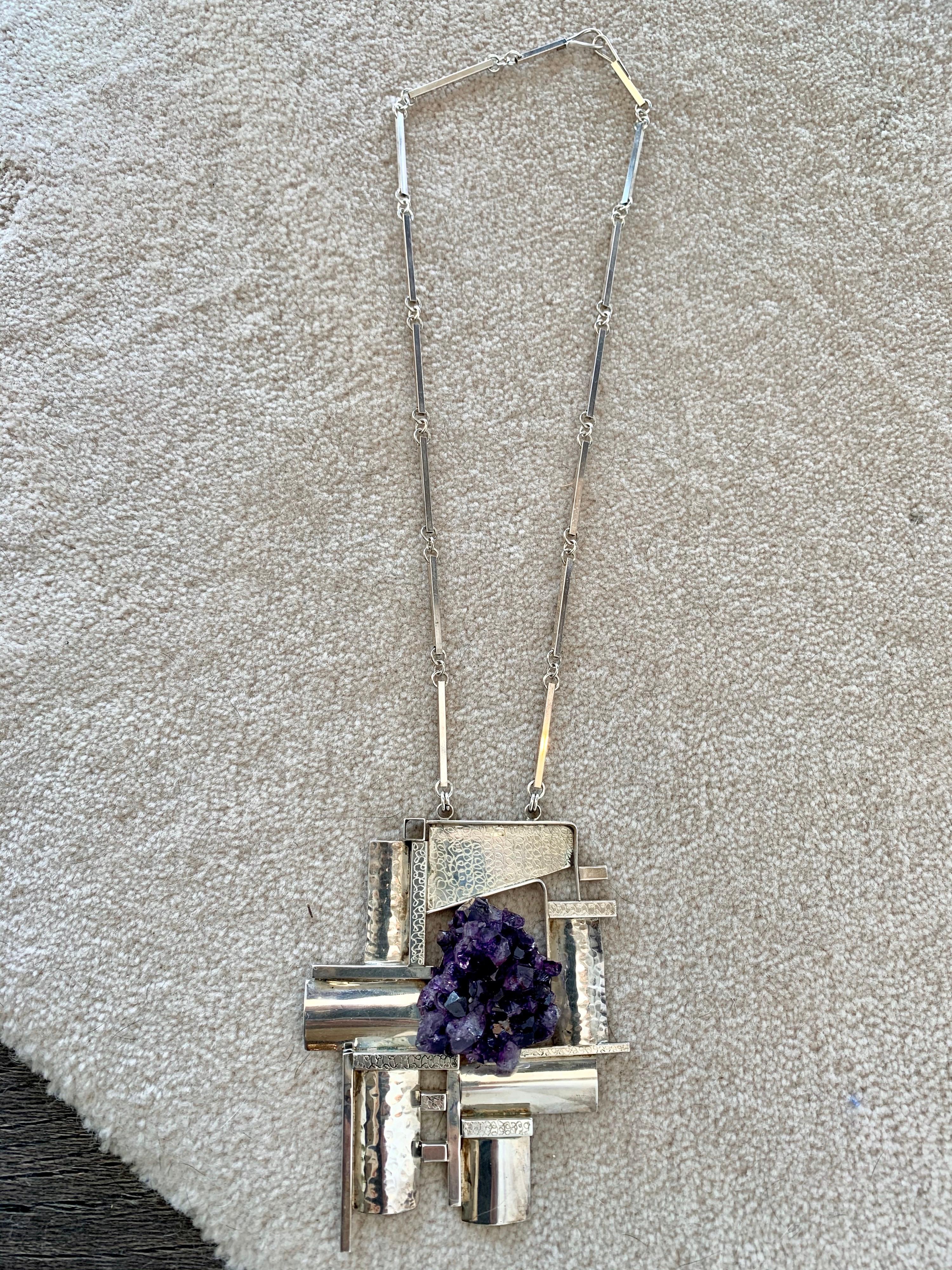 Modernist Sterling Silver and Raw Amethyst Necklace In Good Condition For Sale In East Hampton, NY