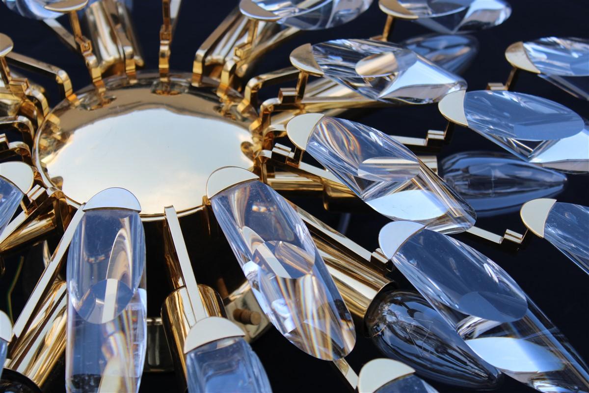 Mid-Century Modern Modernist Stilkronen Style Oscar Torlasco Gold Crystal Round Chandelier, 1970s For Sale
