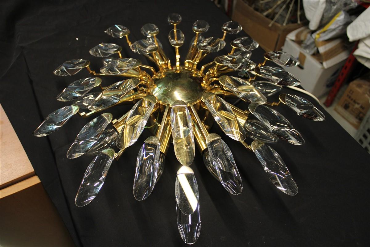 Late 20th Century Modernist Stilkronen Style Oscar Torlasco Gold Crystal Round Chandelier, 1970s For Sale