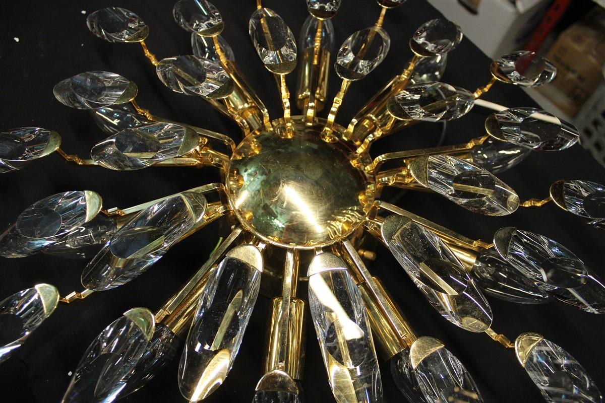 Gold Plate Modernist Stilkronen Style Oscar Torlasco Gold Crystal Round Chandelier, 1970s For Sale