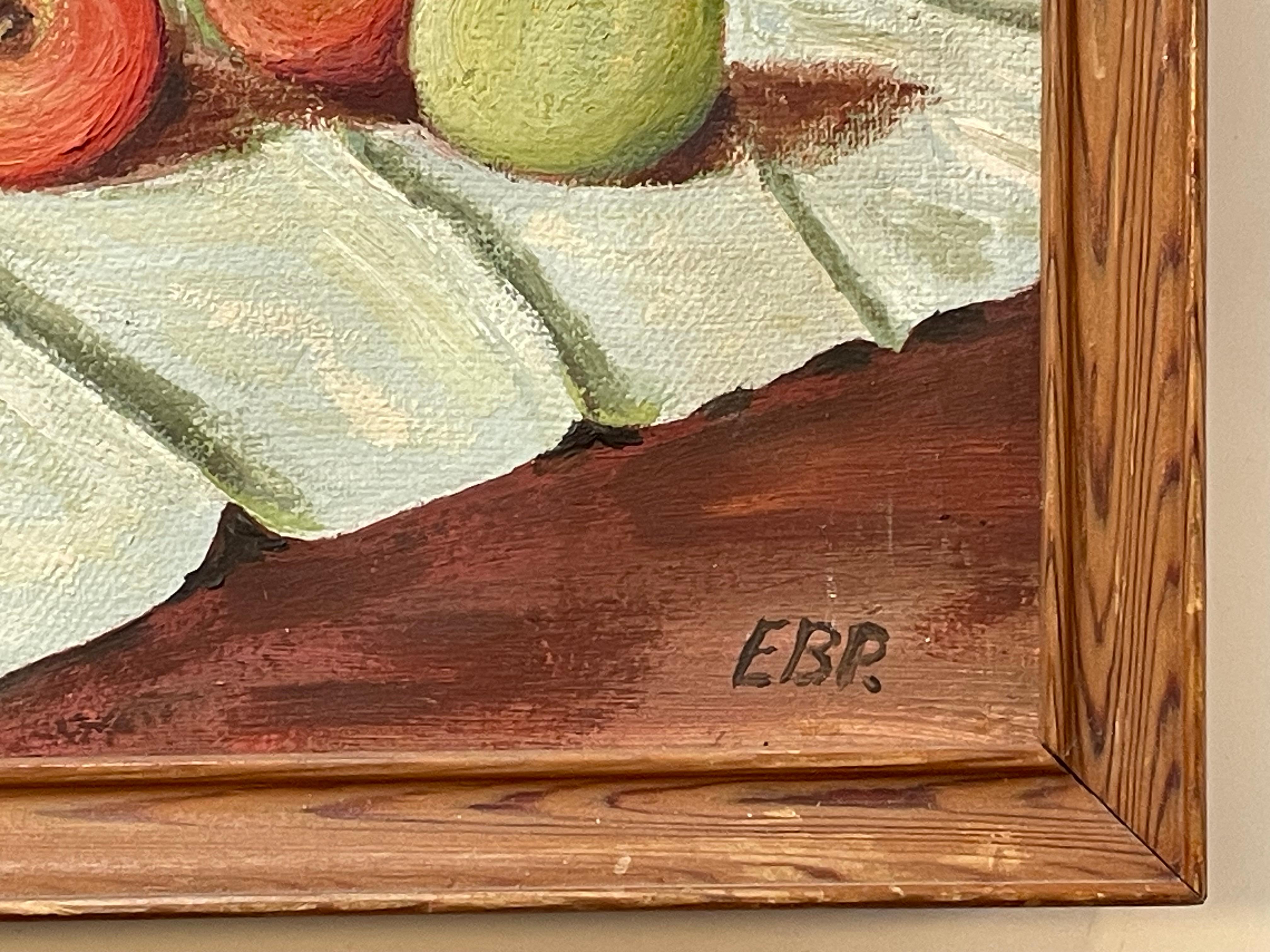 Modernist still life oil painting from the 1970s of fruit and stone ware For Sale 2