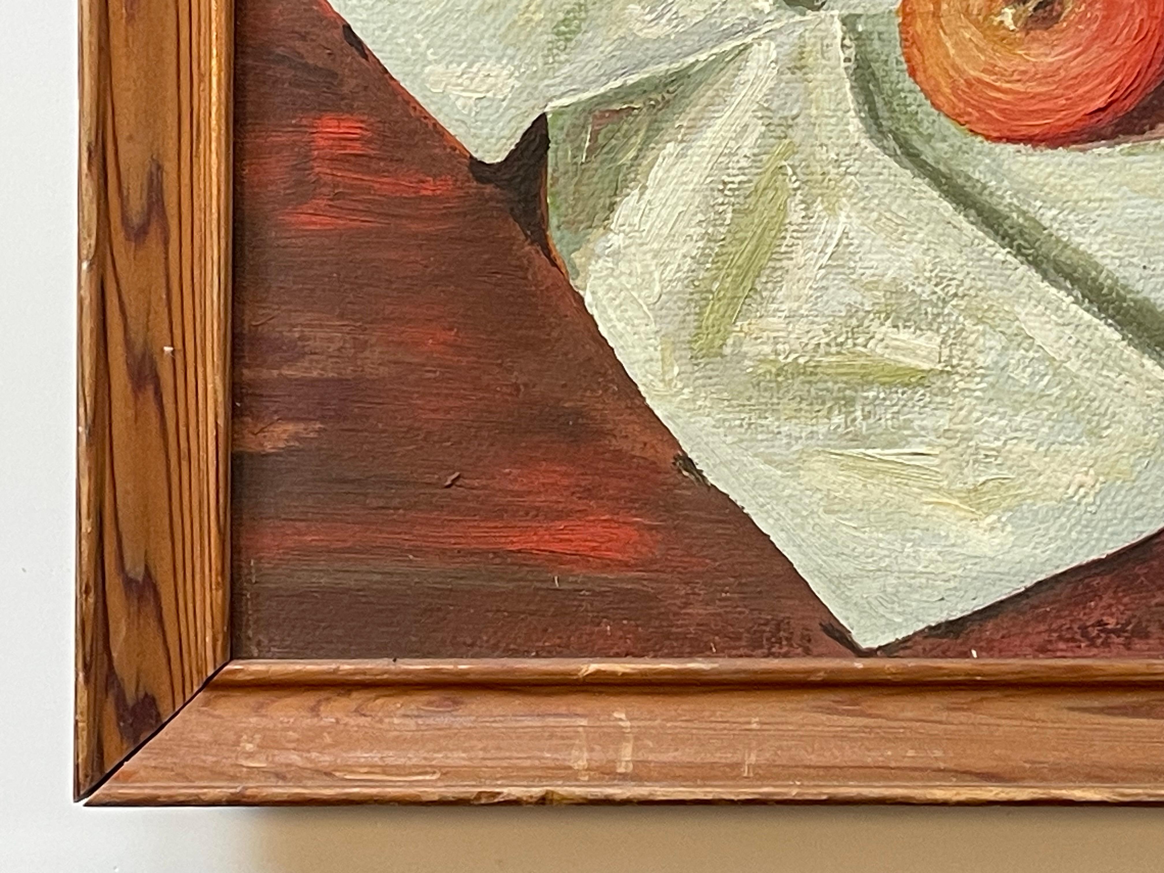 Modernist still life oil painting from the 1970s of fruit and stone ware For Sale 3