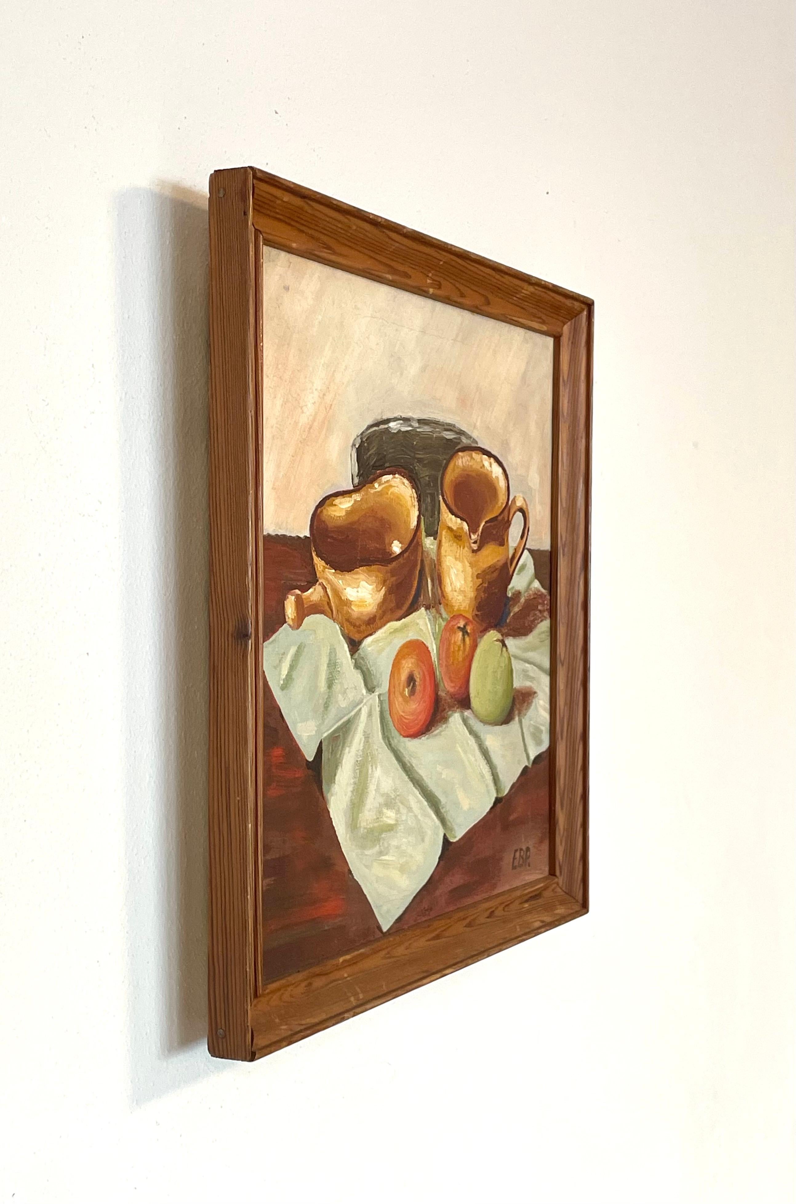 Modernist still life oil painting from the 1970s of fruit and stone ware For Sale 4