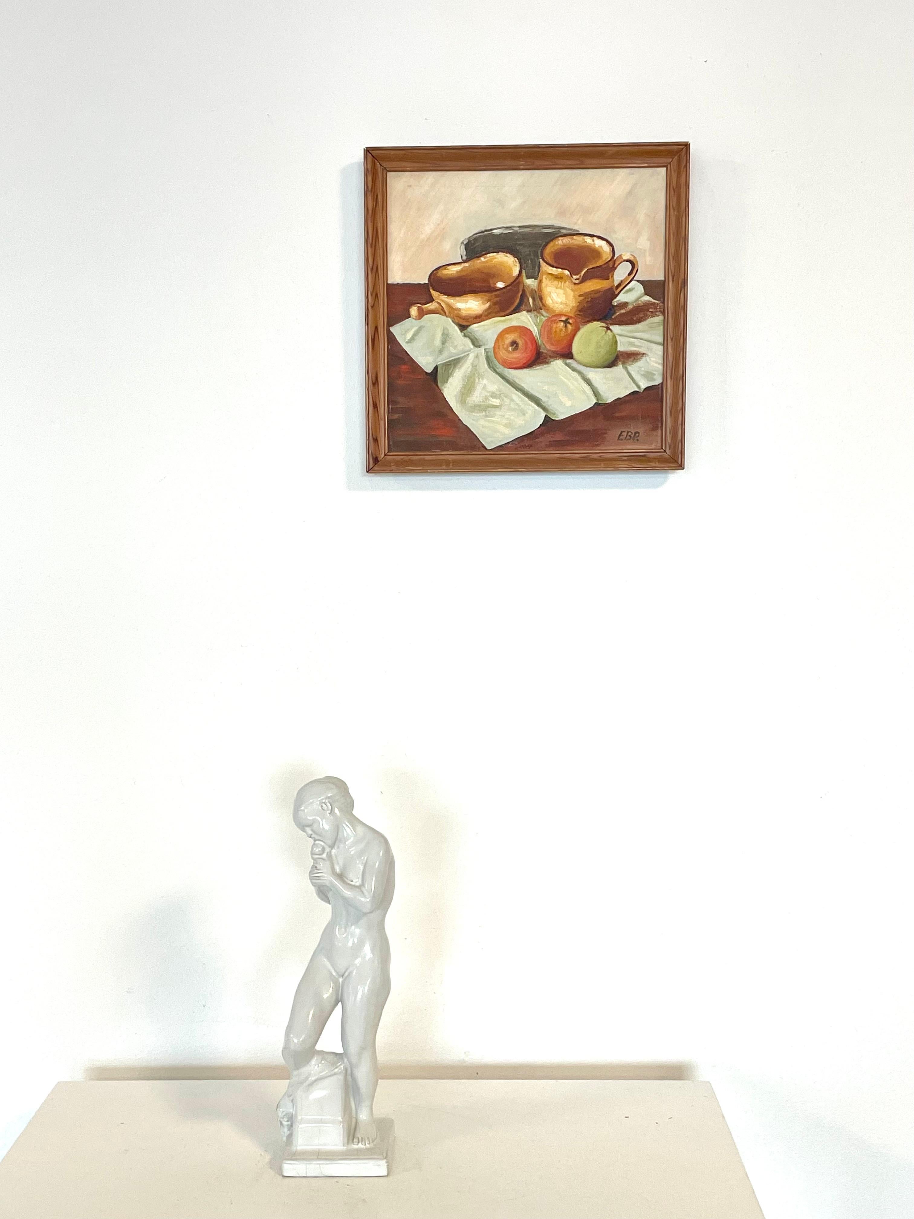 Mid-Century Modern Modernist still life oil painting from the 1970s of fruit and stone ware For Sale