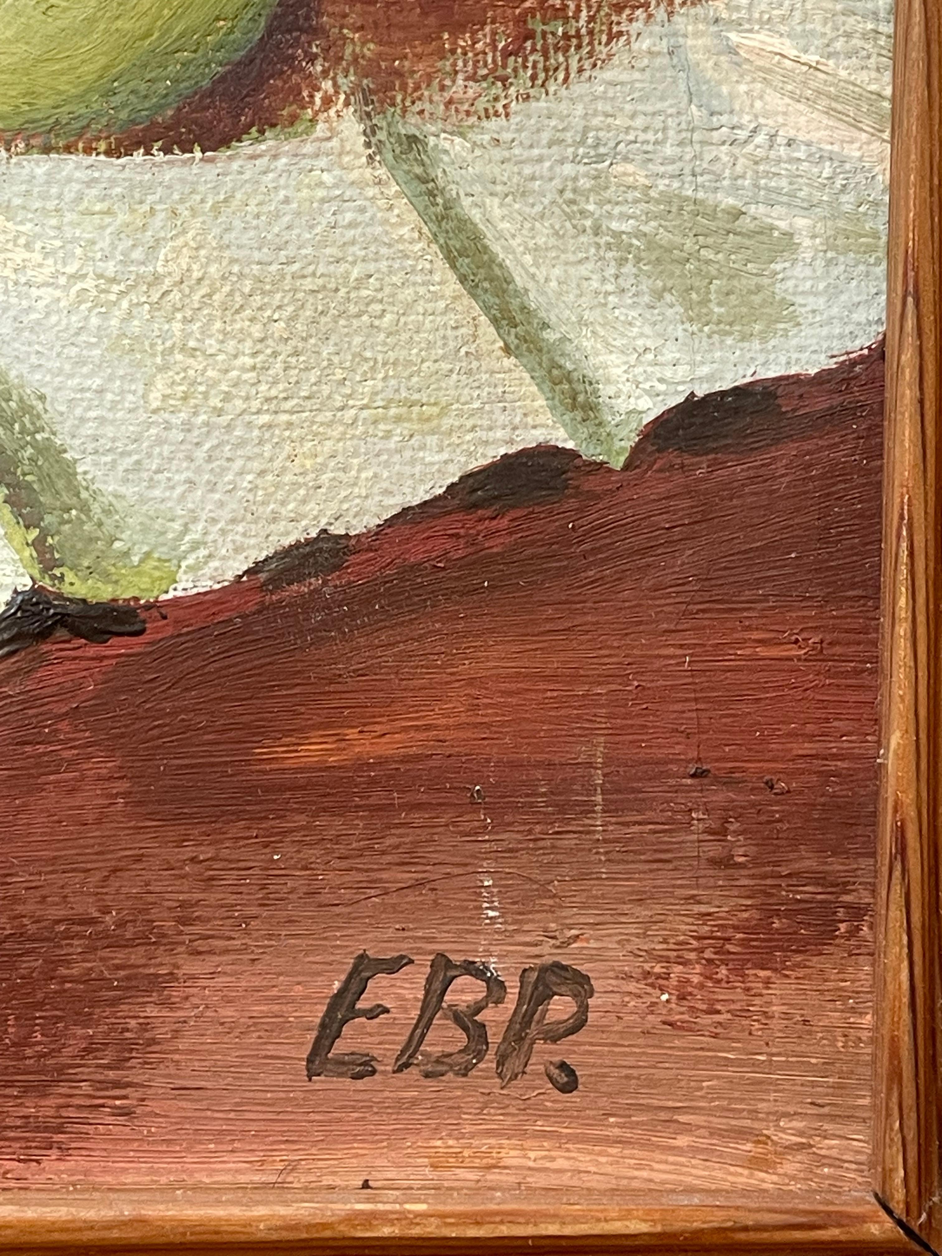 Danish Modernist still life oil painting from the 1970s of fruit and stone ware For Sale