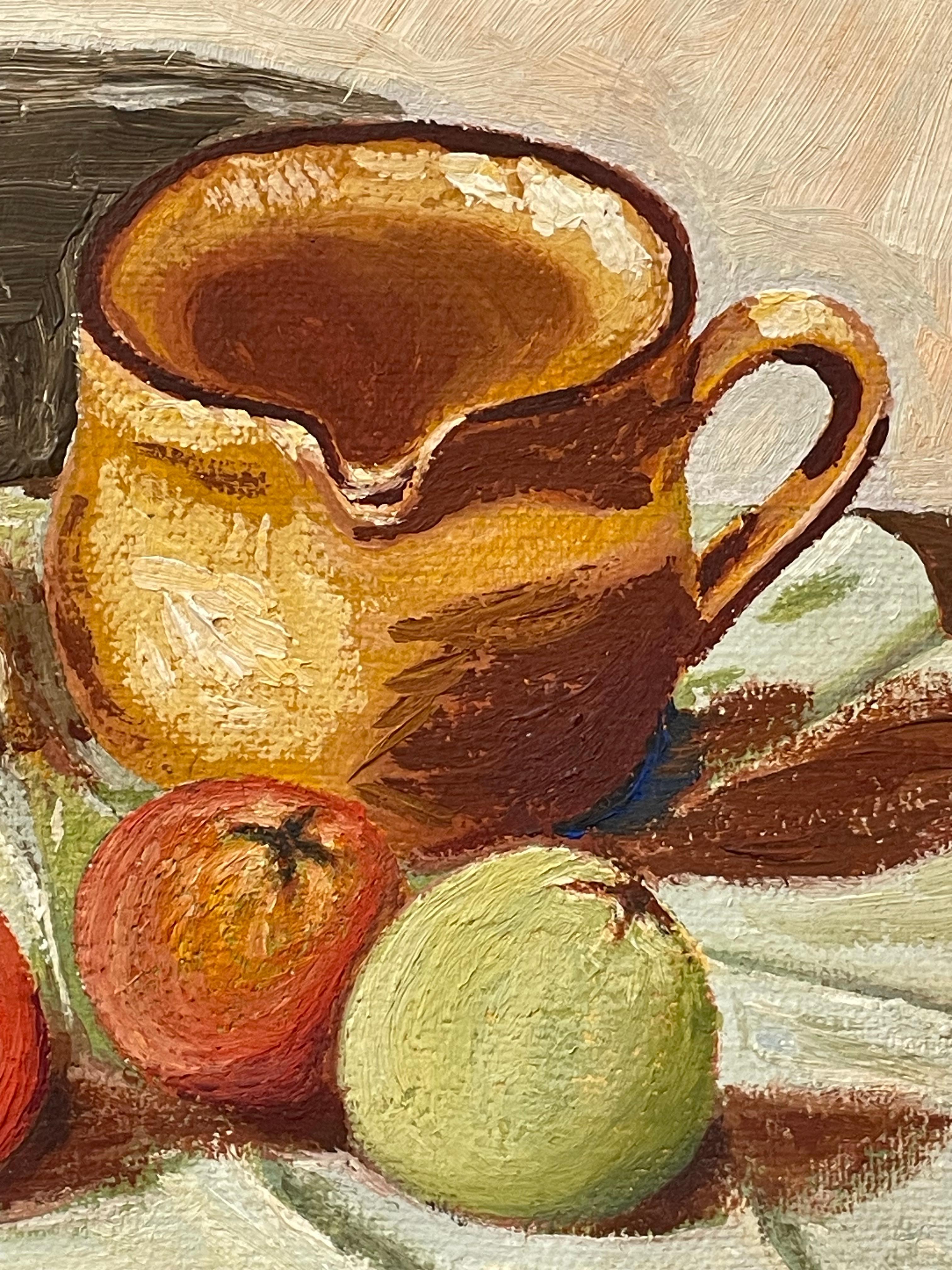Painted Modernist still life oil painting from the 1970s of fruit and stone ware For Sale