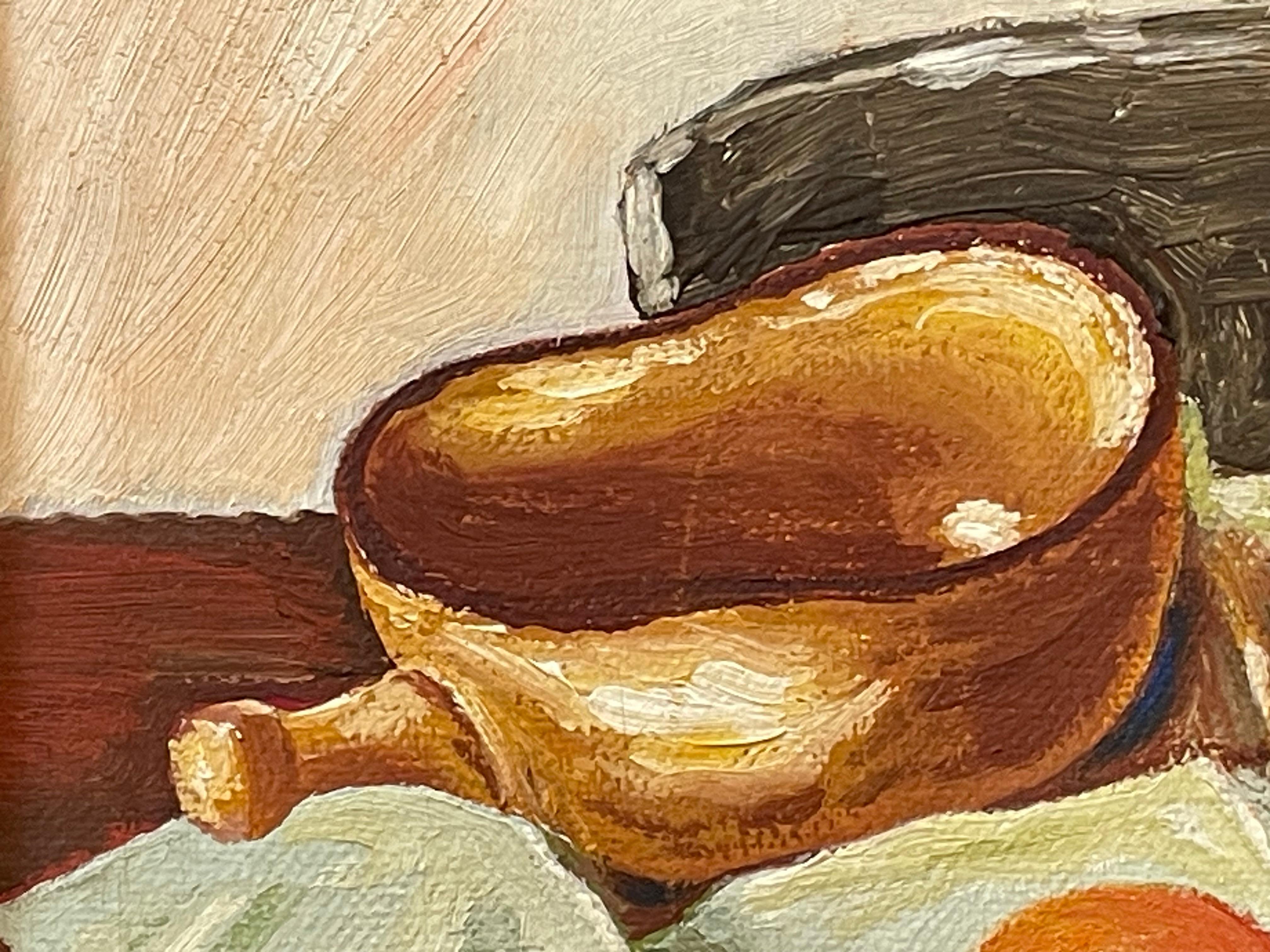 20th Century Modernist still life oil painting from the 1970s of fruit and stone ware For Sale