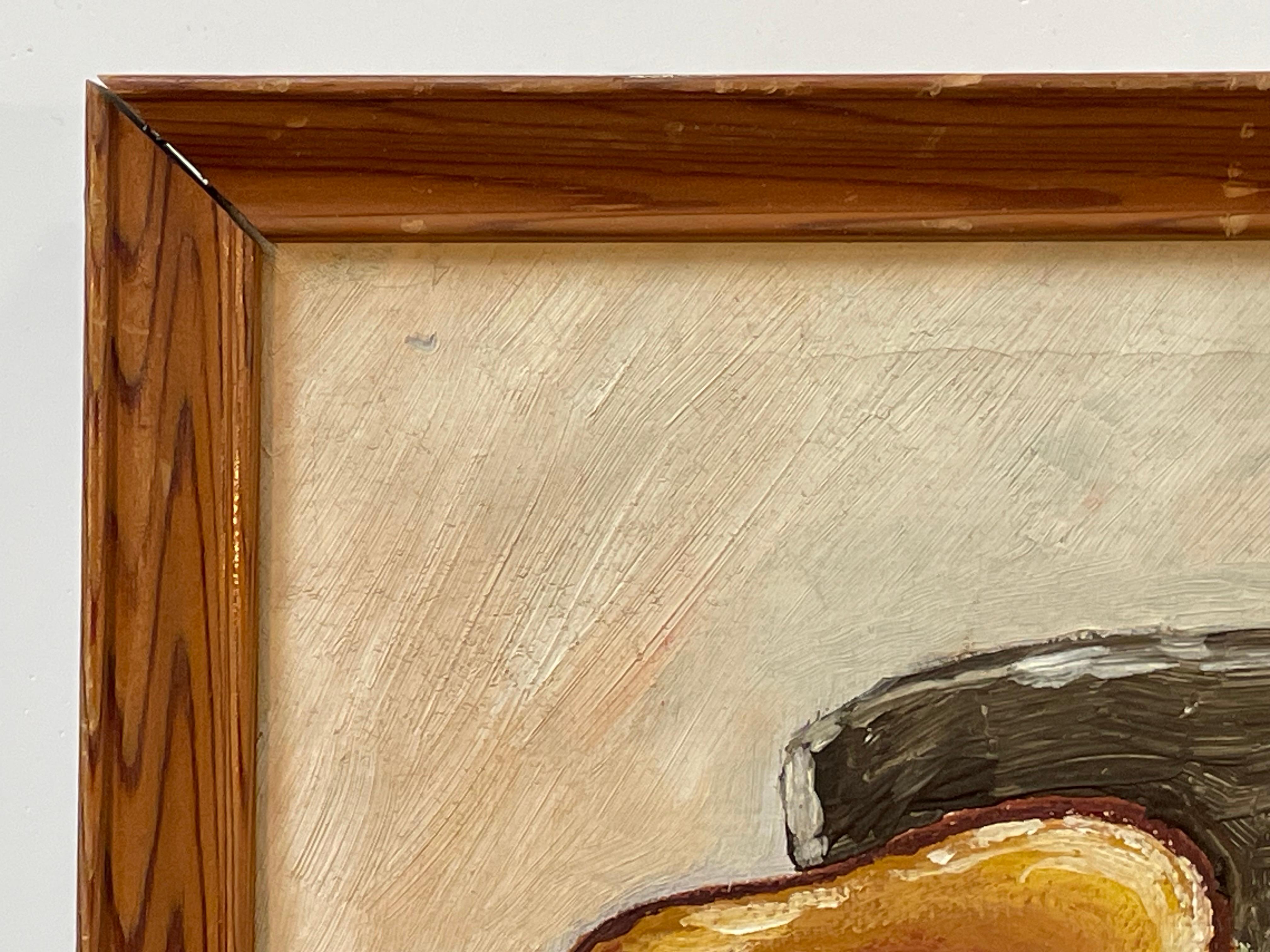 Paint Modernist still life oil painting from the 1970s of fruit and stone ware For Sale