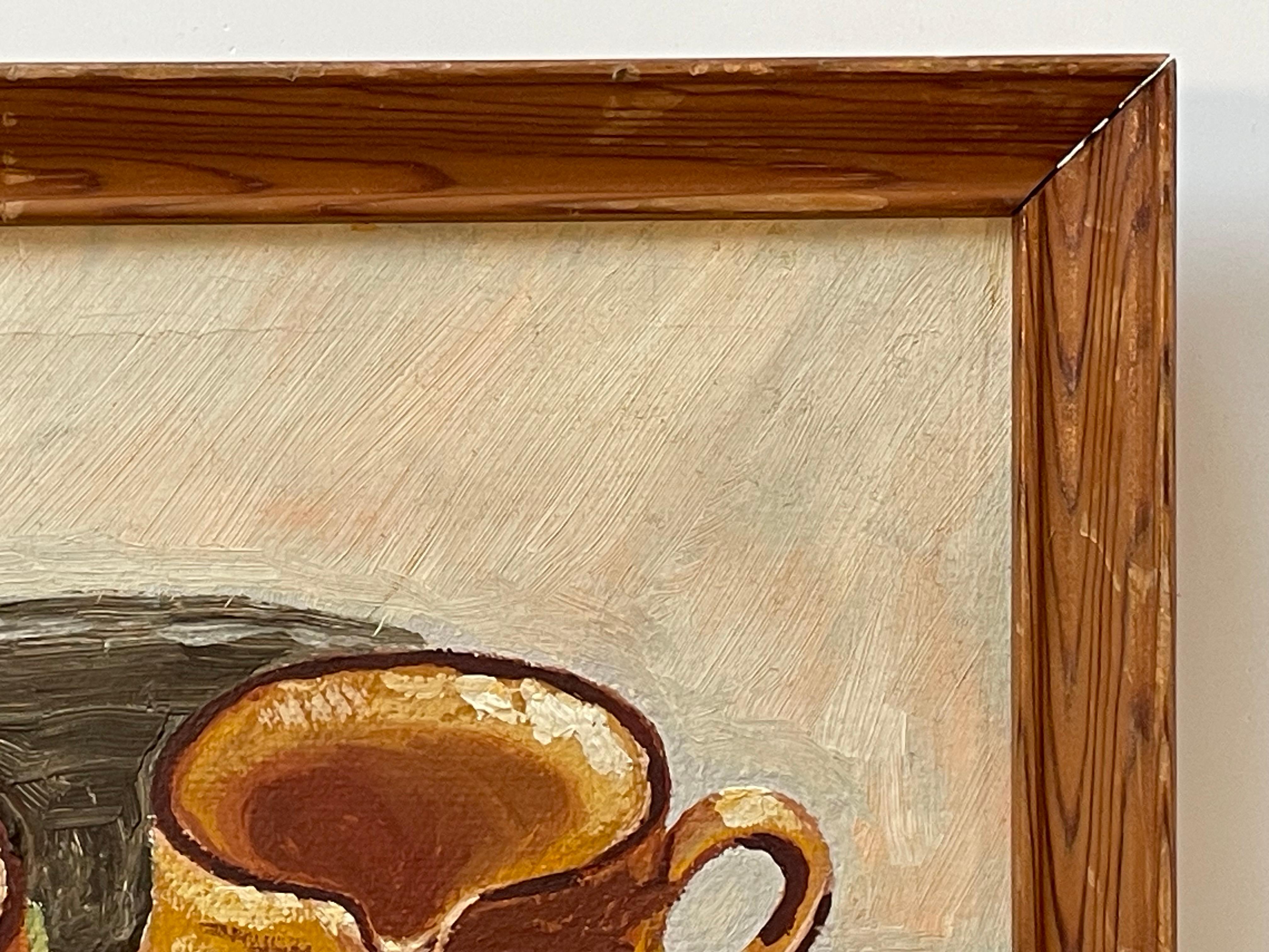 Modernist still life oil painting from the 1970s of fruit and stone ware For Sale 1