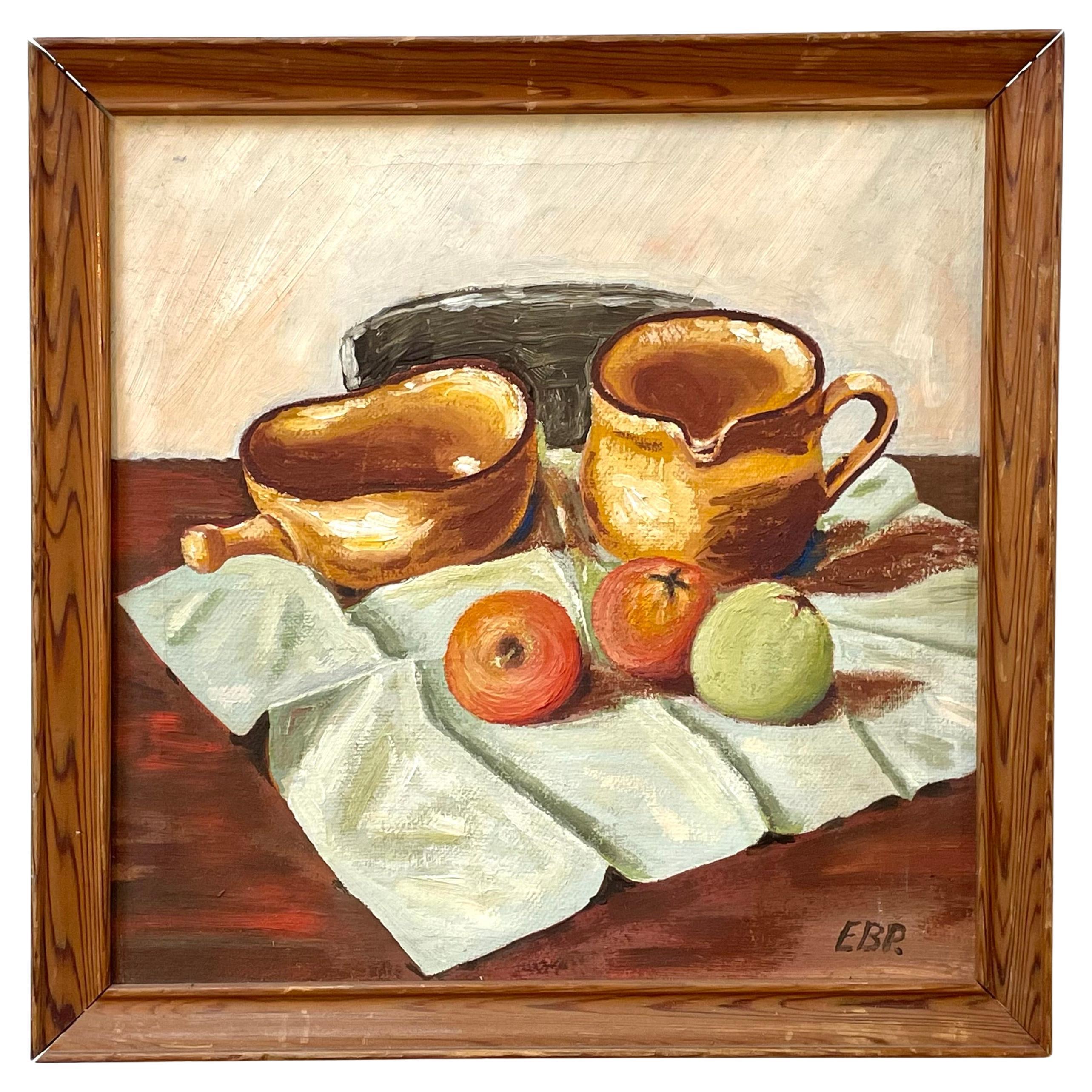 Modernist still life oil painting from the 1970s of fruit and stone ware For Sale
