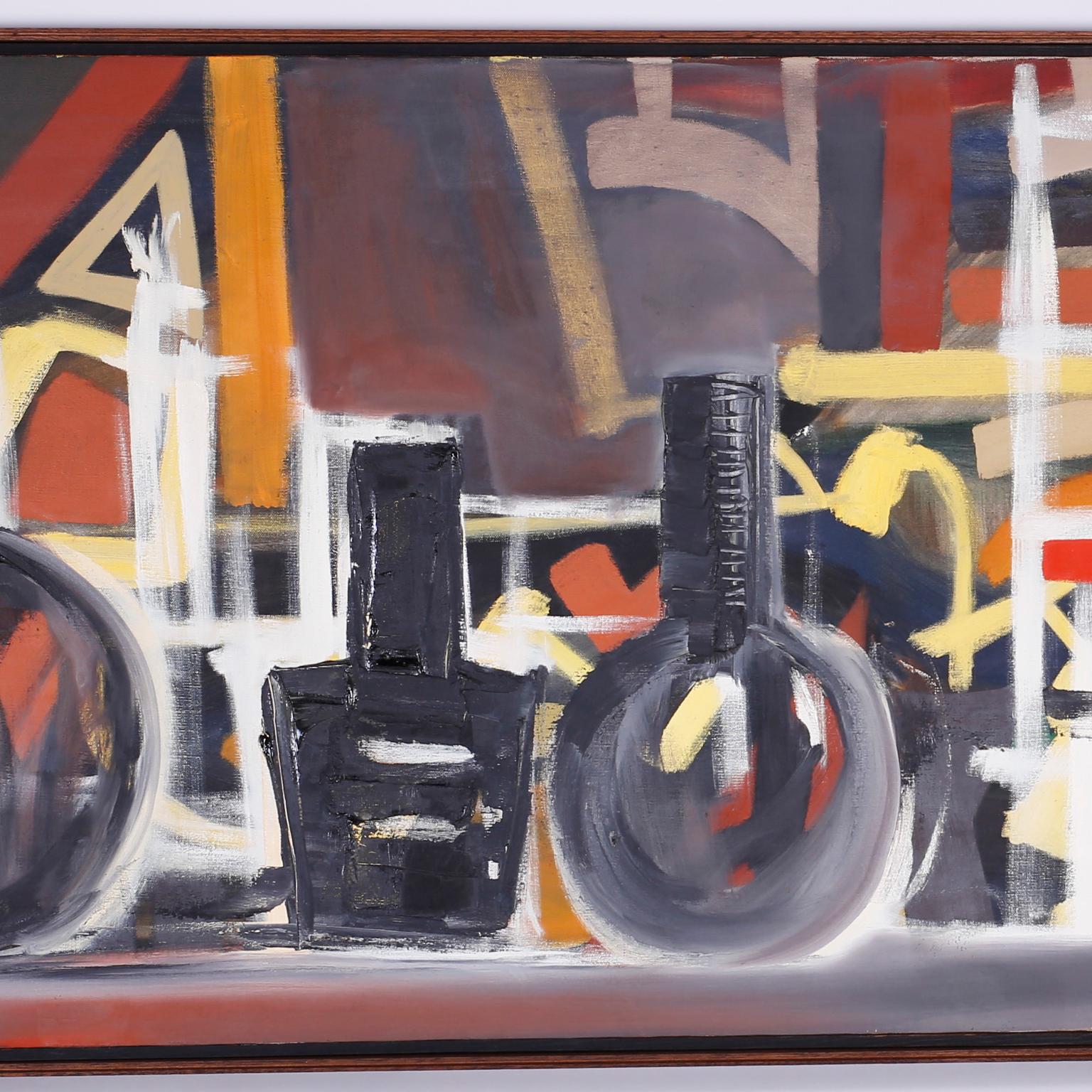 Midcentury still life oil painting on canvas with a modern perspective depicting three vessels against an abstract background. Signed A. Weber 1968 in the lower right and presented in its original frame.