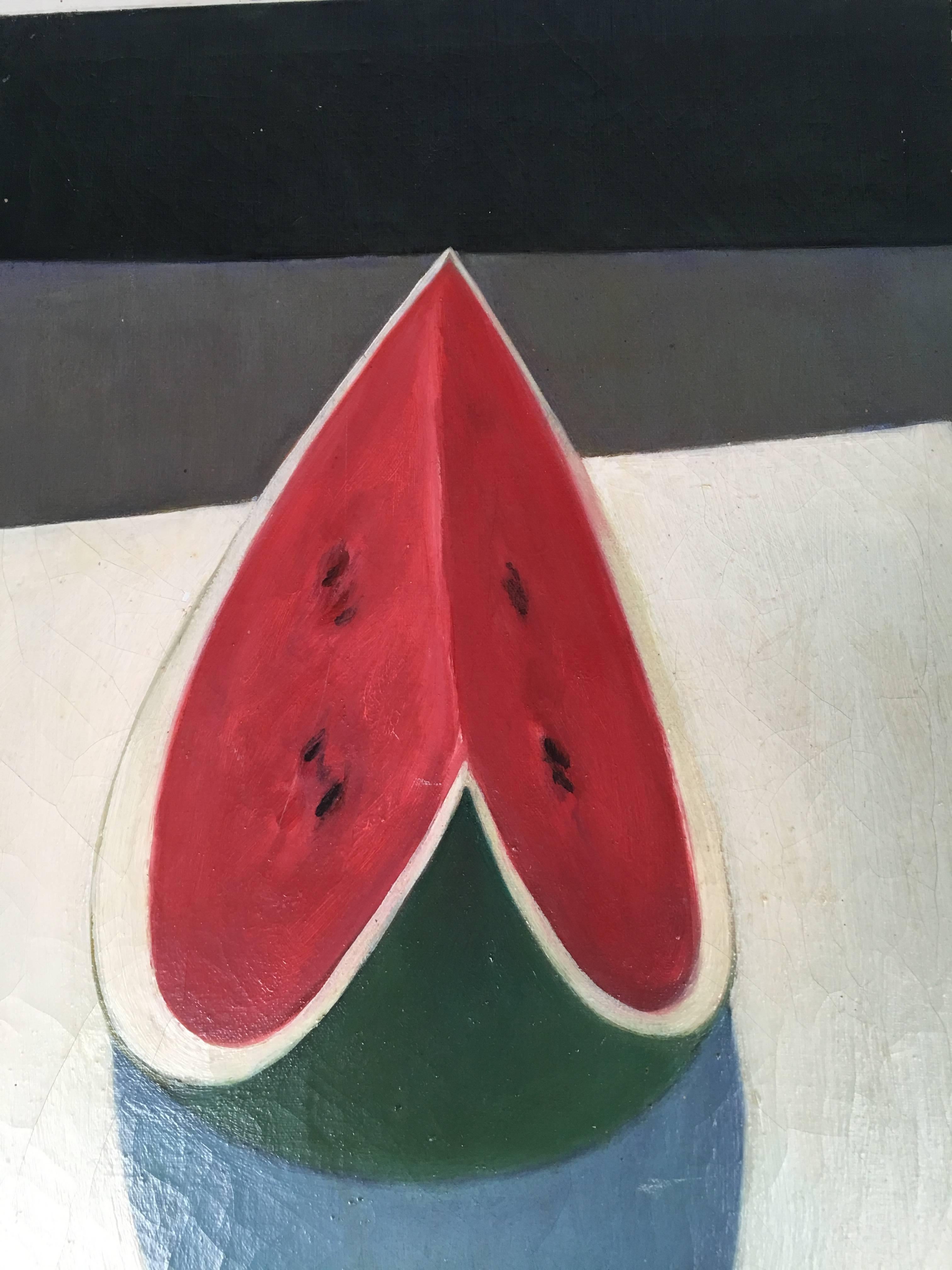 A graphic, modernist, decorative, still life painting , oil on canvas, of a slice of watermelon, painted from an unusual angle a high aerial view with pronounced shadow on a white countertop with grey and black fields in the background. Unsigned. In