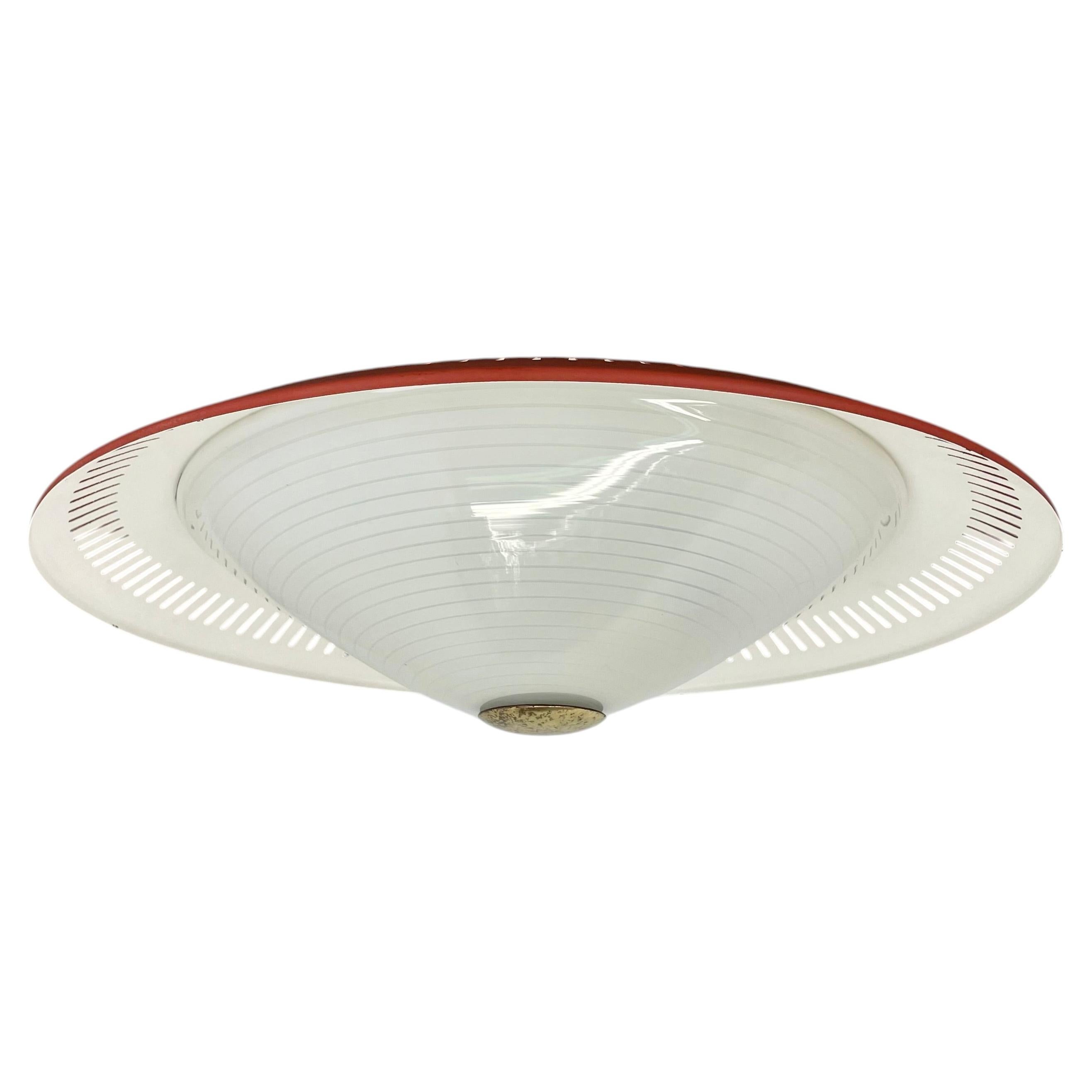 Modernist Stilnovo Style Metal and glass Ceiling Flushmount Light, Italy 1950s