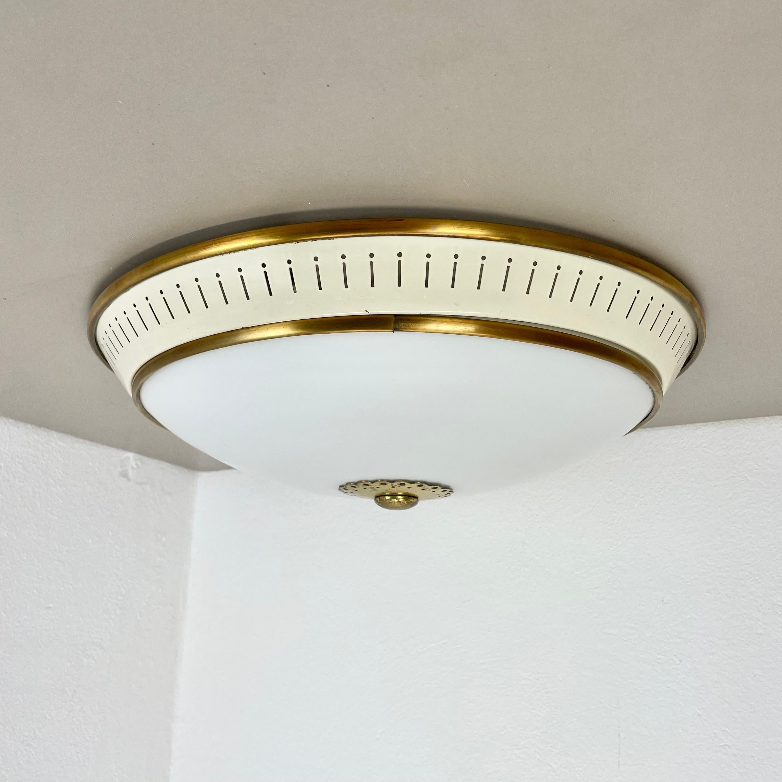 Mid-Century Modern Modernist Stilnovo Style Metal, Opal Wall Ceiling Flushmount Light, Italy 1950s For Sale