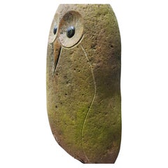 Modernist Stone Hand Carvings of Two Owls Mother with Child