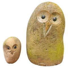 Modernist Stone Hand Carvings of Two Owls Mother with Child