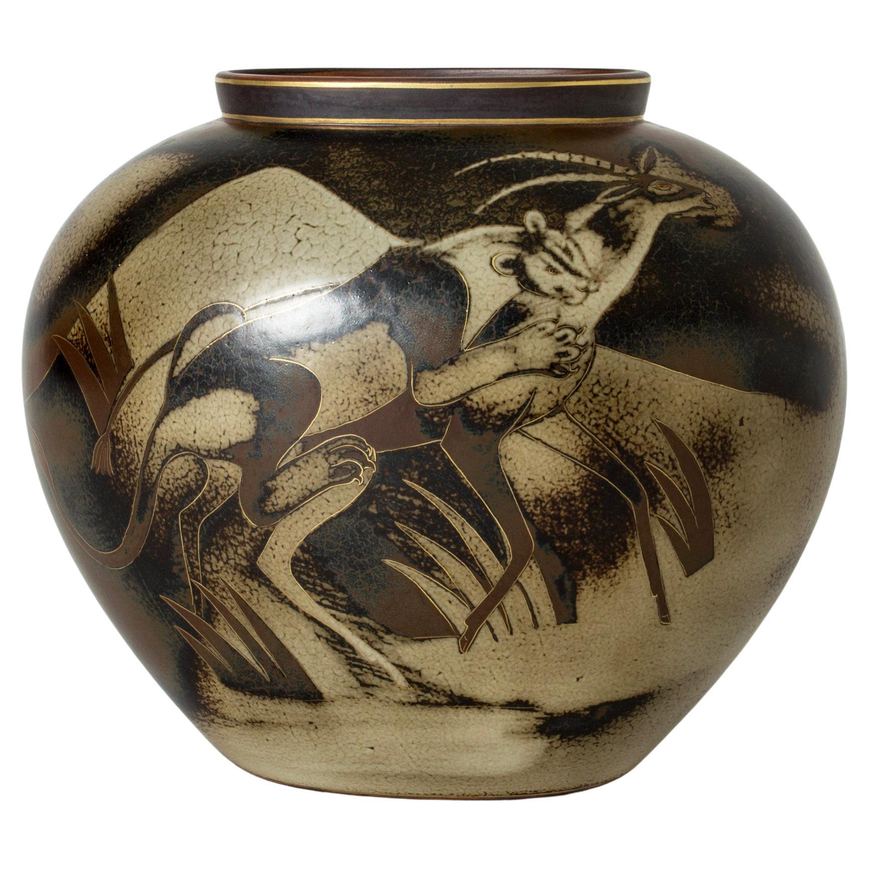 Modernist Stoneware "Flambé" Vase by Gunnar Nylund, Rörstrand, Sweden, 1940s For Sale