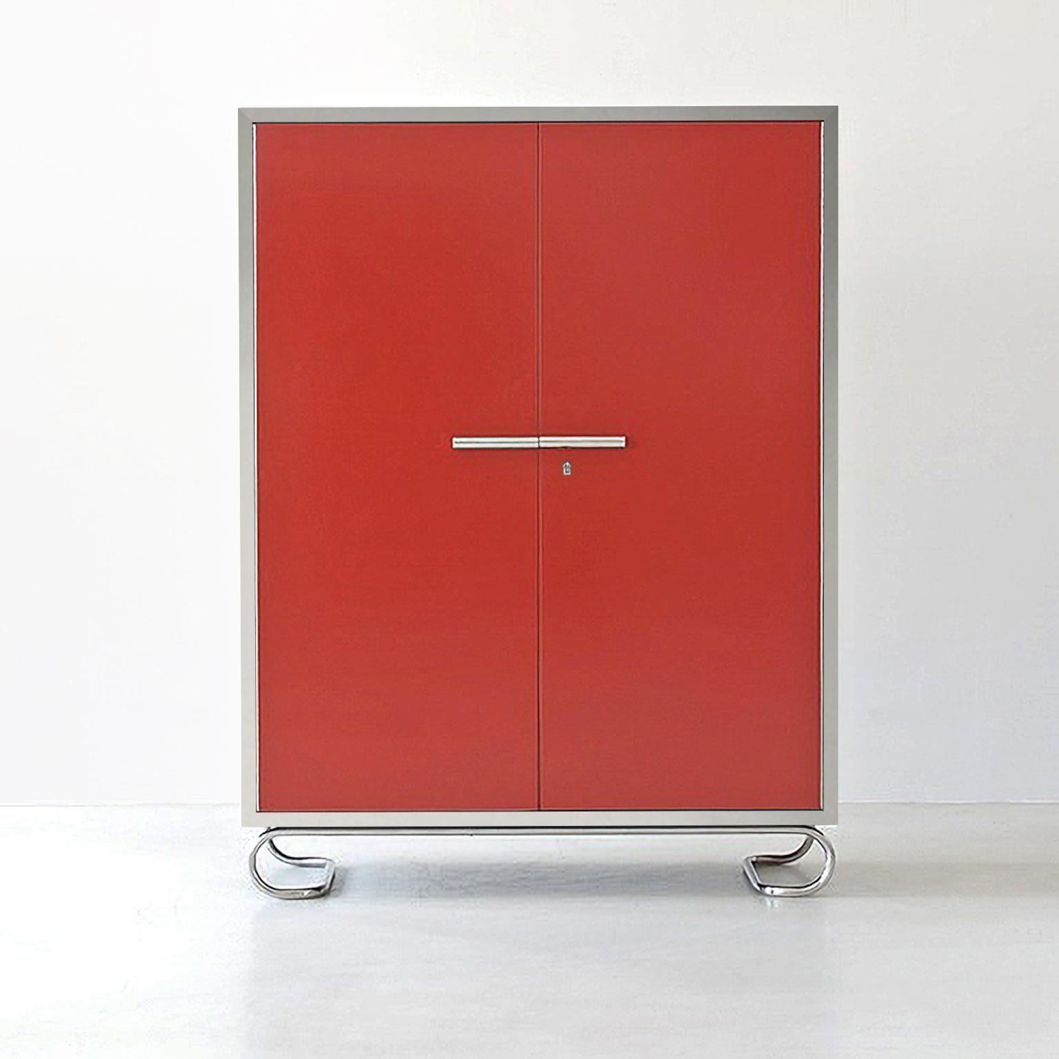Modernist Storage Cabinet in Lacquered Wood and Tubular Steel Hardware, Bespoke In New Condition For Sale In Berlin, DE