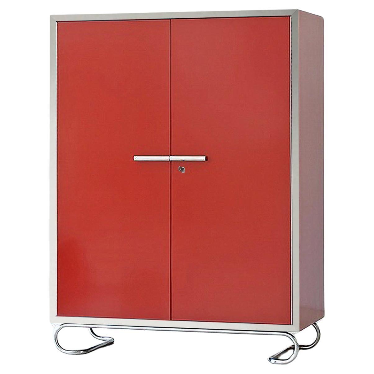Modernist Storage Cabinet in Lacquered Wood and Tubular Steel Hardware, Bespoke For Sale