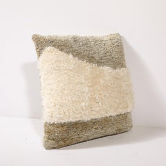 Modernist Striped Pillow in White Fur & Smoked Taupe Fabric