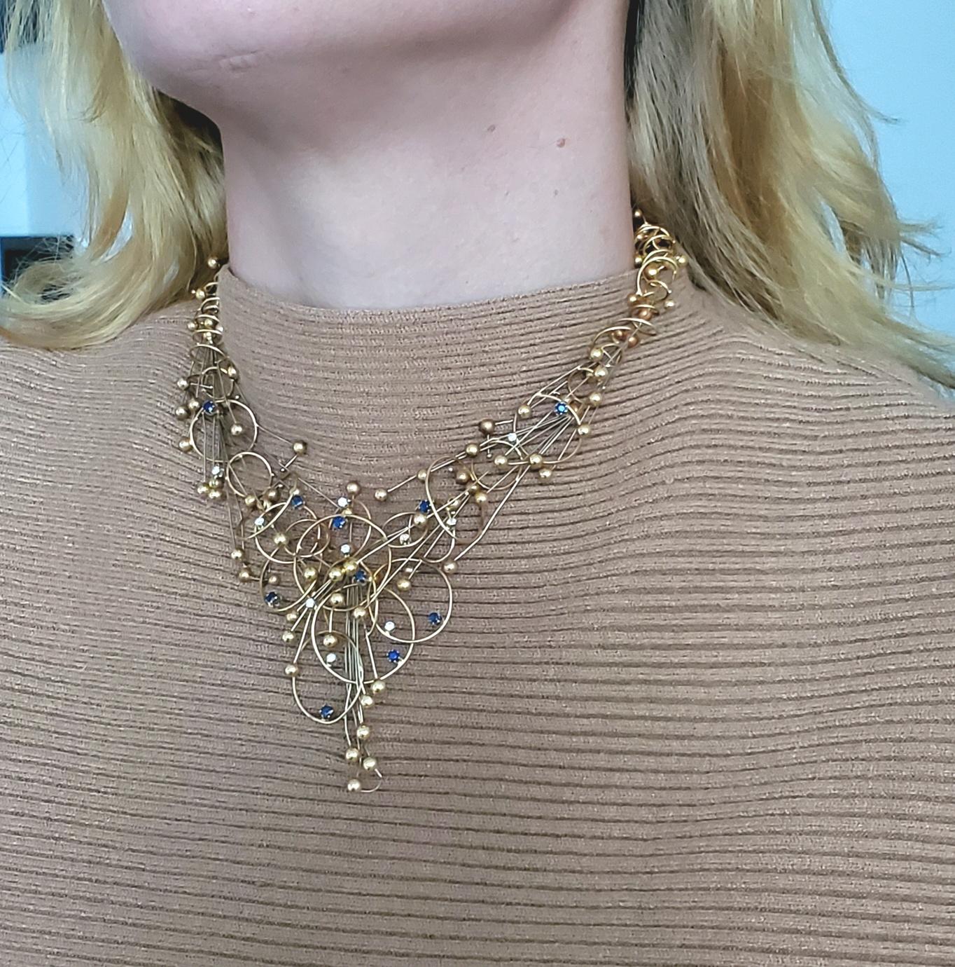 An sculptural geometric necklace.

Fabulous sculptural necklace created in north Europe, back in the 1970. This unusual highly sculpted necklace was carefully assembled with multiples wires and spheres crafted from yellow and white gold of 18 karats