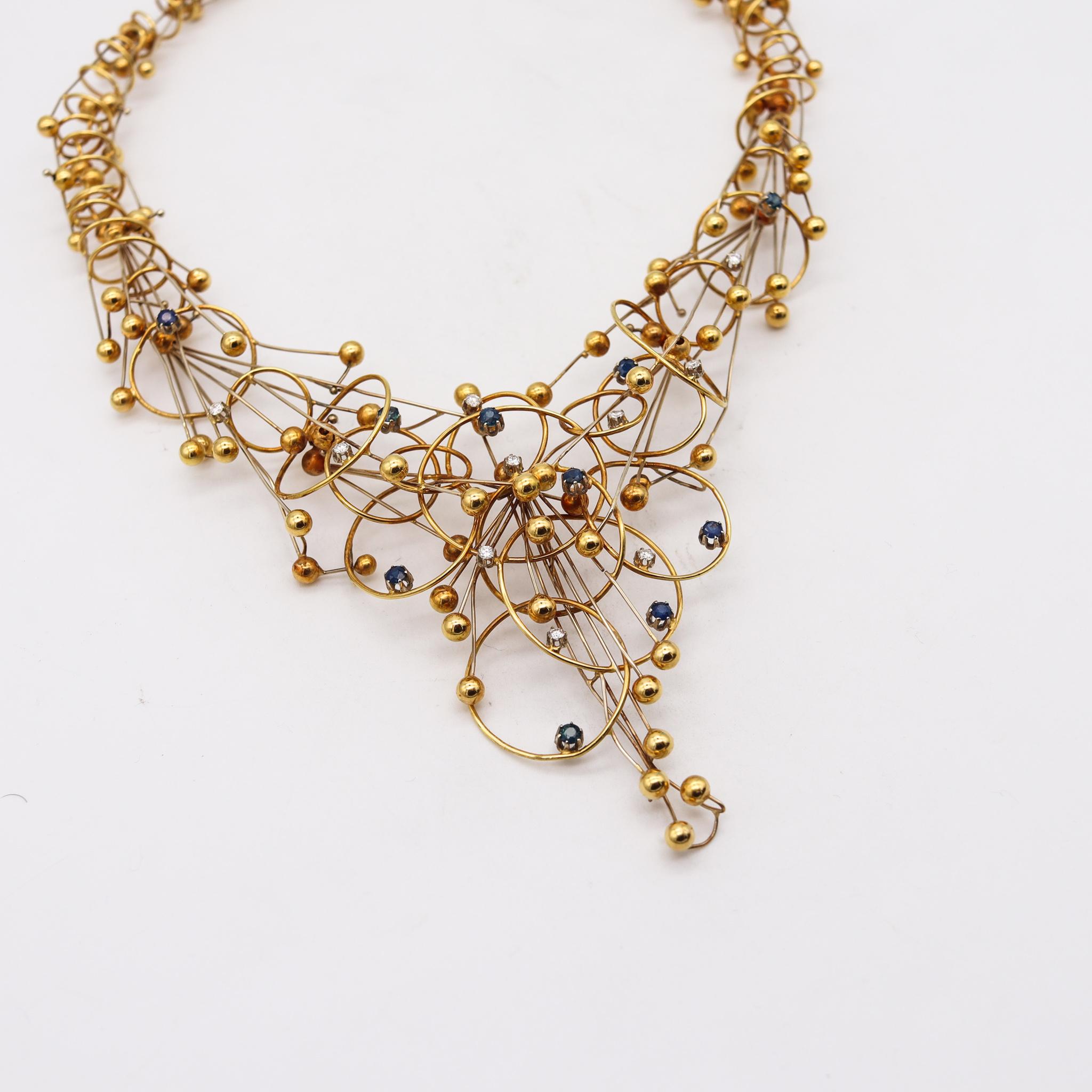 Modernist Studio 1970 Geometric Necklace In 18Kt Gold With Diamonds & Sapphires In Excellent Condition For Sale In Miami, FL