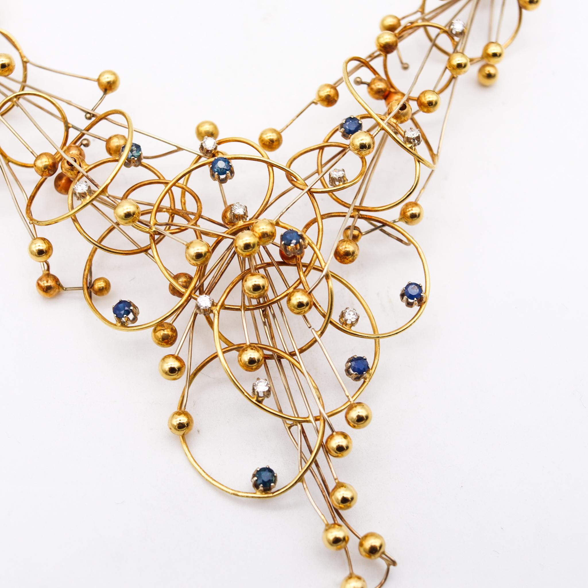 Women's Modernist Studio 1970 Geometric Necklace In 18Kt Gold With Diamonds & Sapphires For Sale