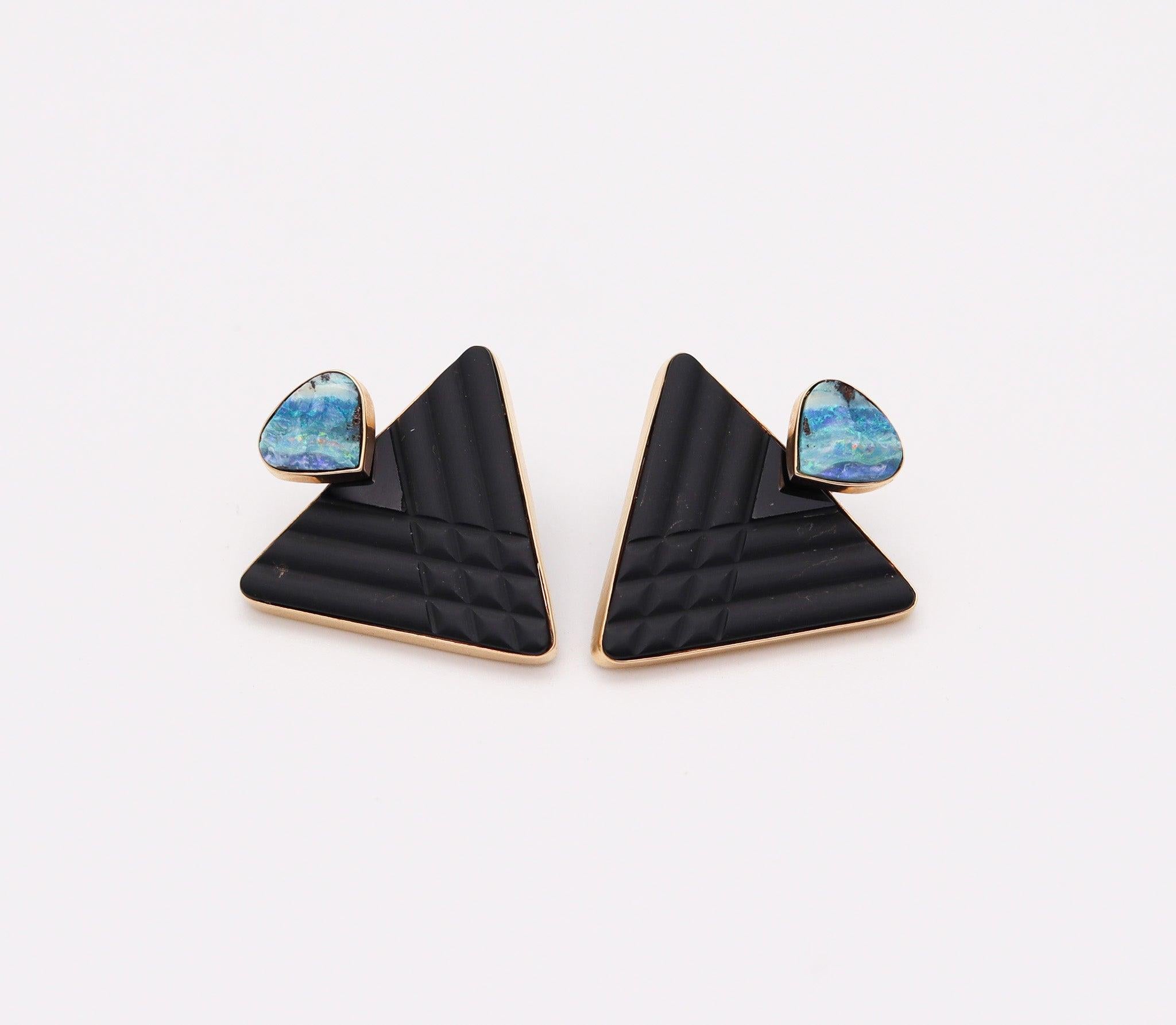 Modernist MODERNIST Studs Earrings In 14Kt Yellow Gold With Australian Opals And Black Jet For Sale