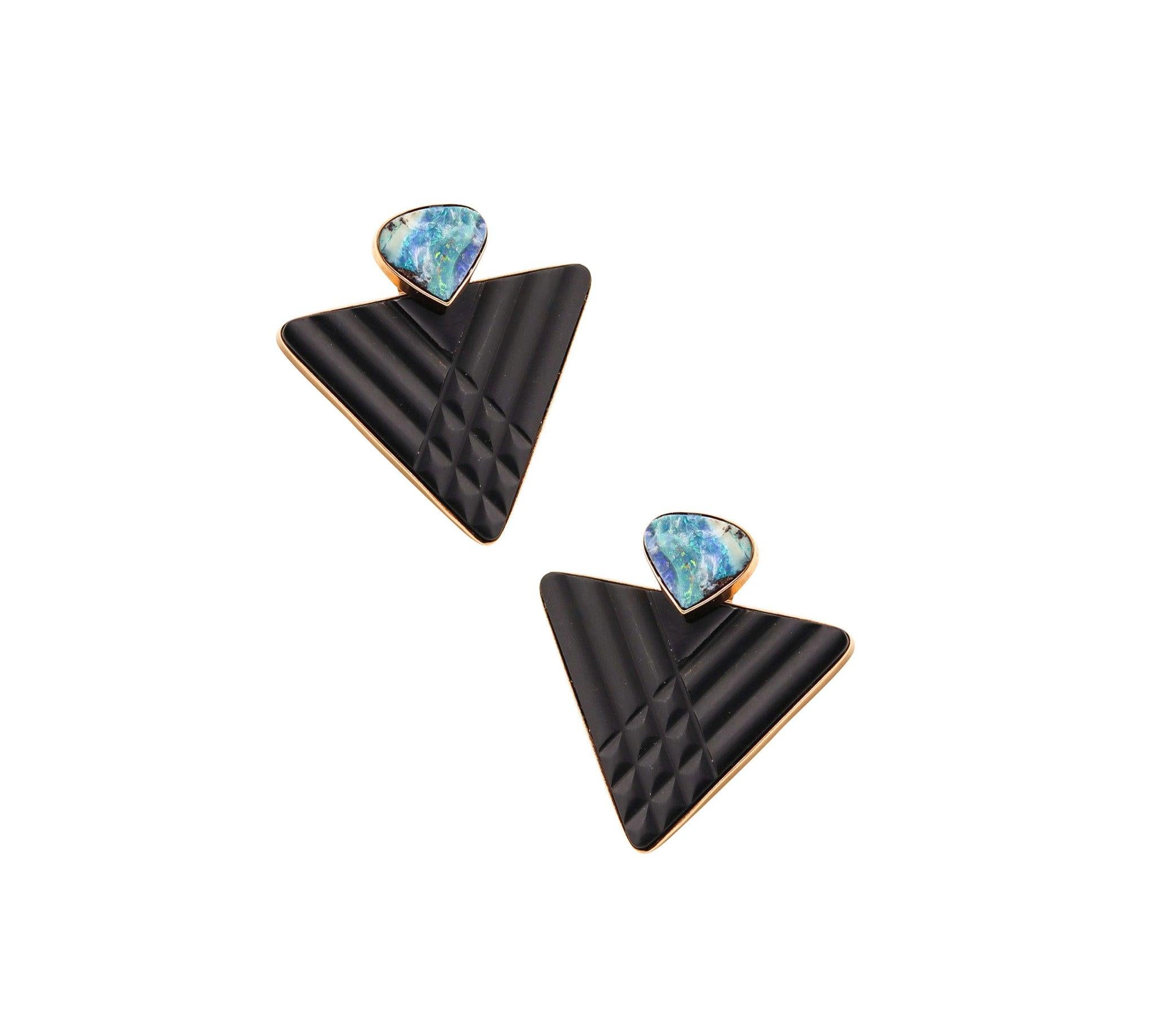 Cabochon MODERNIST Studs Earrings In 14Kt Yellow Gold With Australian Opals And Black Jet For Sale