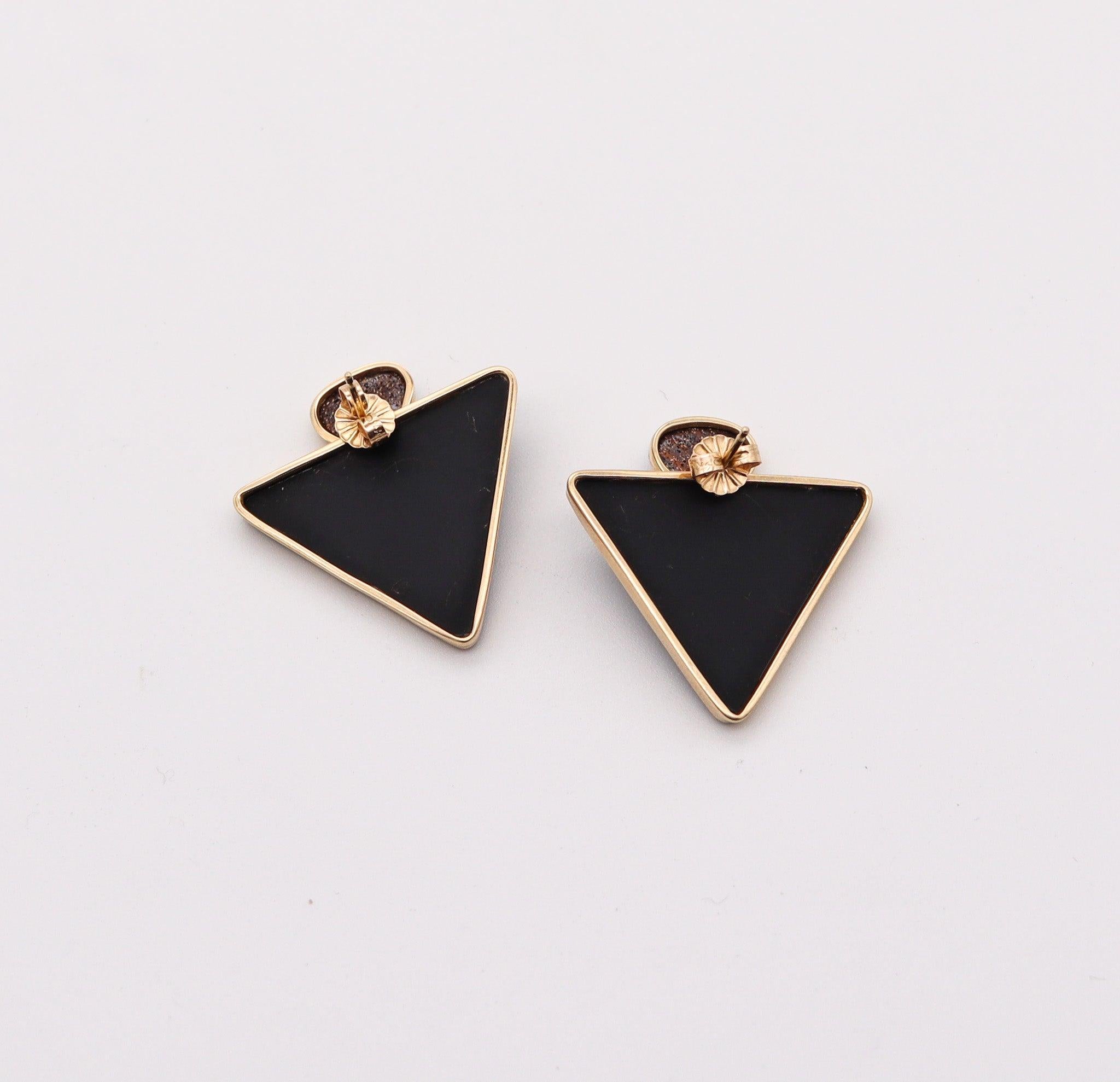 Women's MODERNIST Studs Earrings In 14Kt Yellow Gold With Australian Opals And Black Jet For Sale