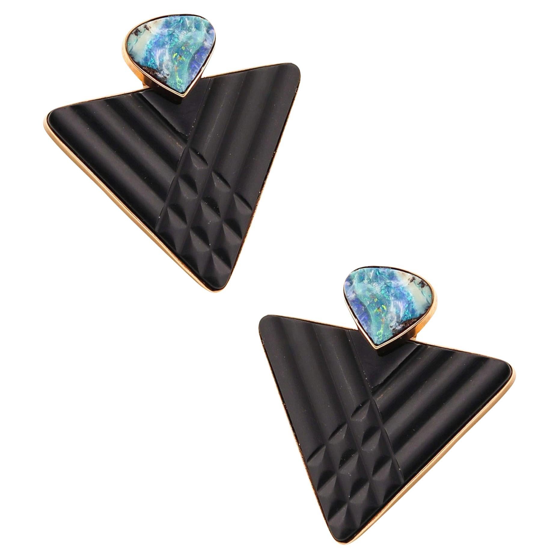 MODERNIST Studs Earrings In 14Kt Yellow Gold With Australian Opals And Black Jet For Sale
