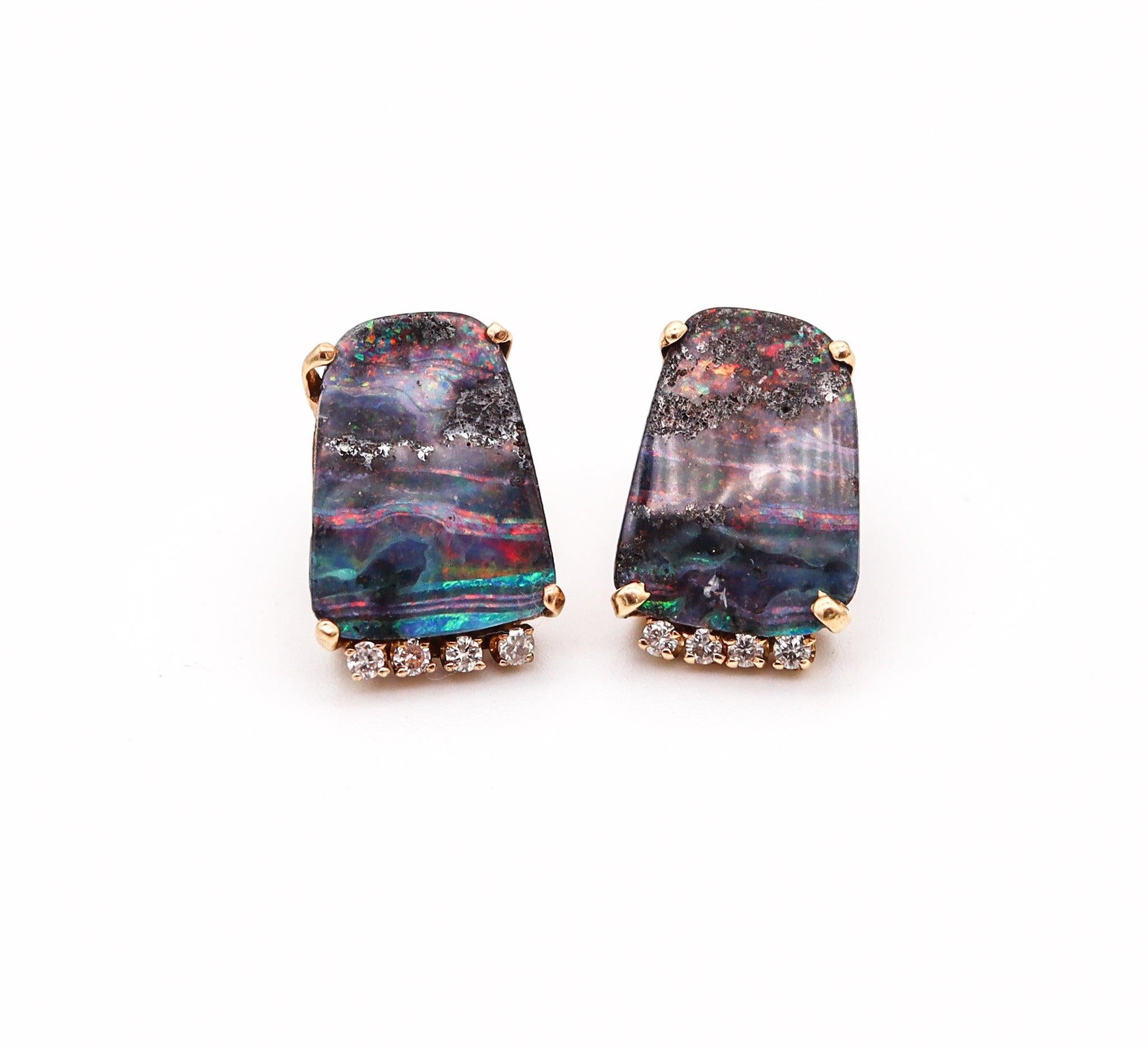 Modern MODERNIST Studs Earrings In 14Kt Yellow Gold With VS Diamonds And Opals For Sale
