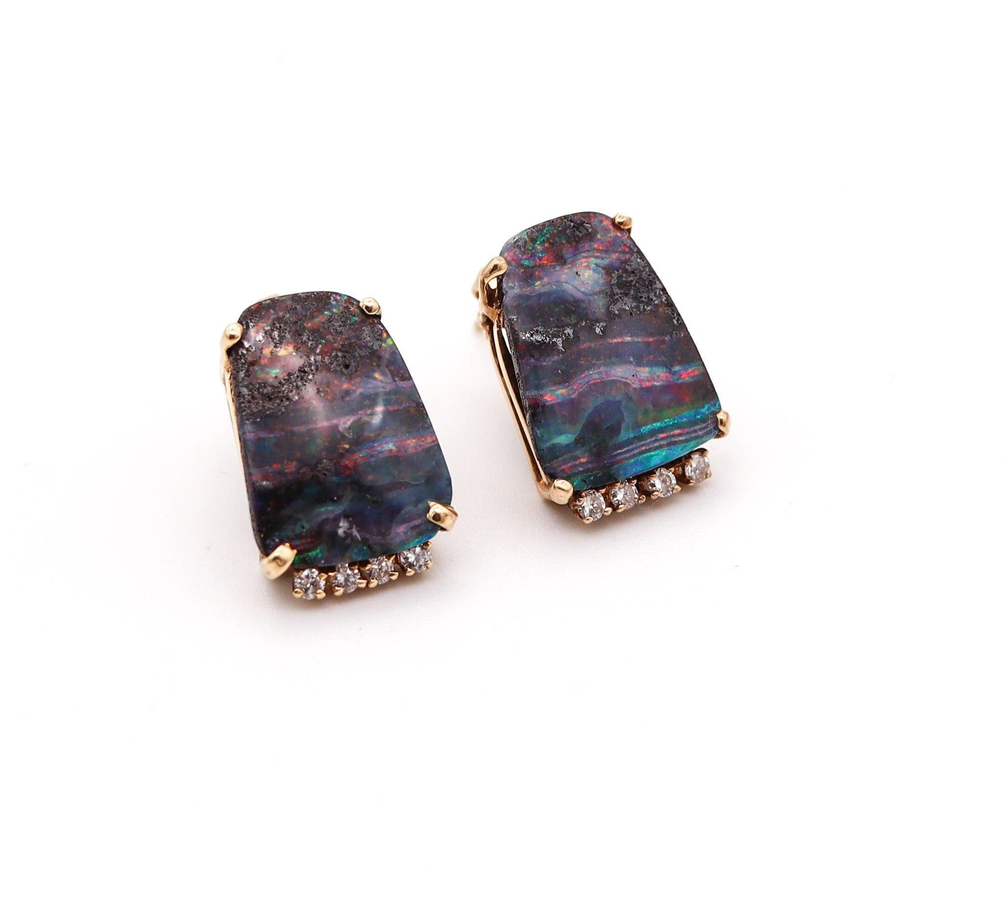 Cabochon MODERNIST Studs Earrings In 14Kt Yellow Gold With VS Diamonds And Opals For Sale