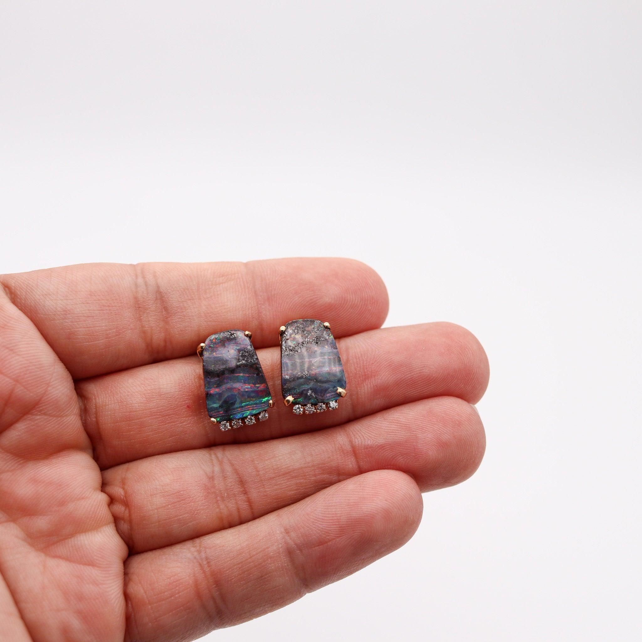 Women's MODERNIST Studs Earrings In 14Kt Yellow Gold With VS Diamonds And Opals For Sale