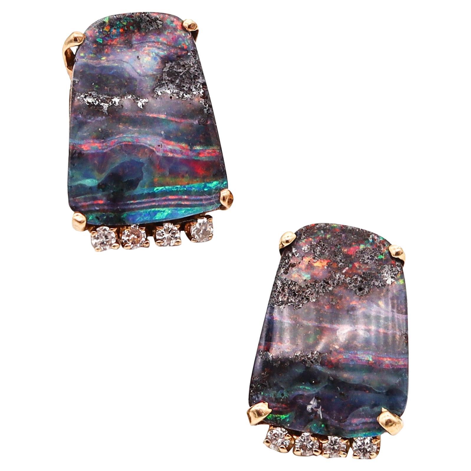 MODERNIST Studs Earrings In 14Kt Yellow Gold With VS Diamonds And Opals