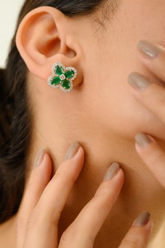 Modernist Style 18K Gold Emerald Diamond Floral Stud Earrings Graduation Gift