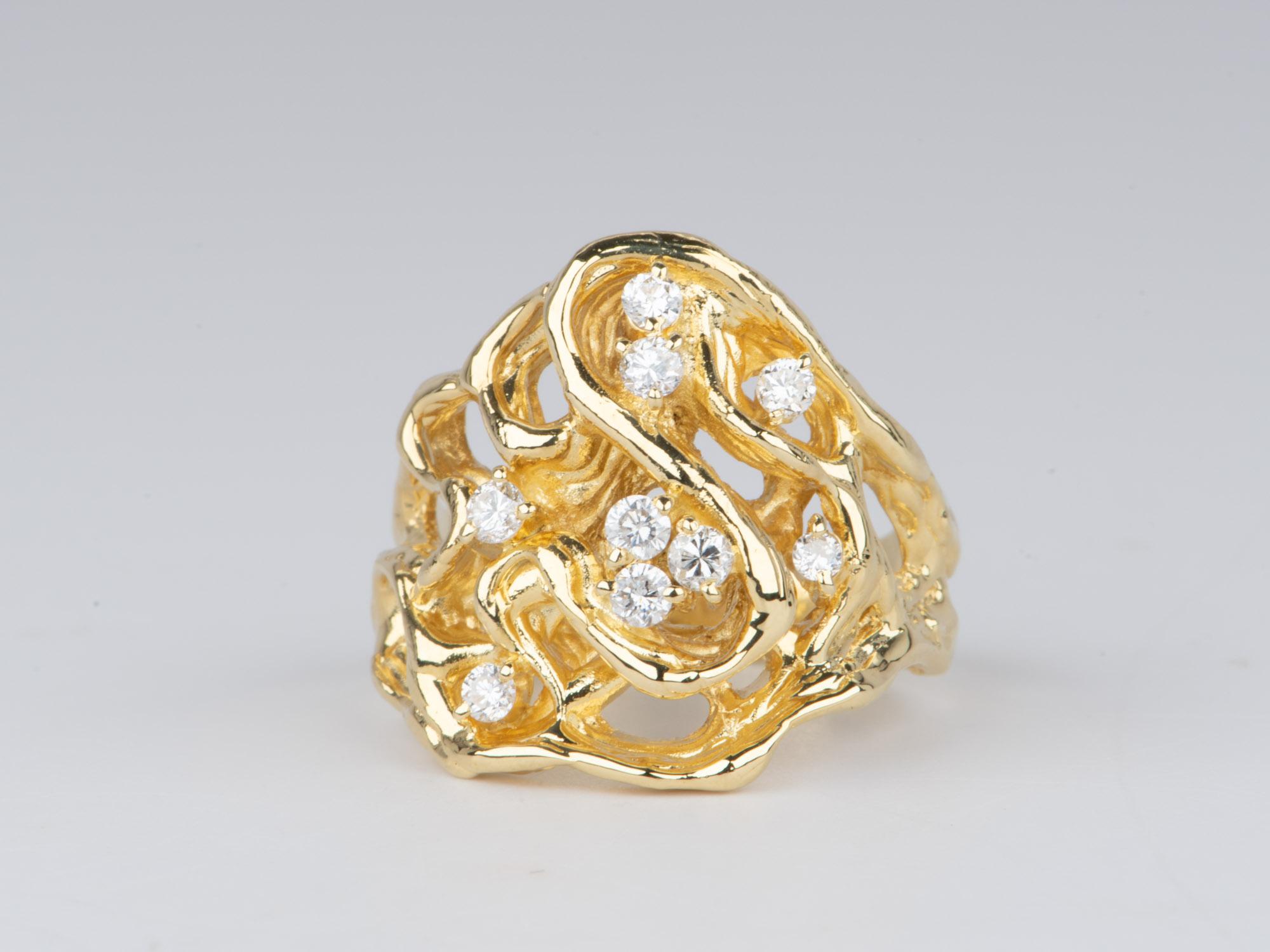 ♥ This is a stunning ring featuring heavy gold in a branch-like organic design with brilliant natural diamonds scattered within the branches
♥ The face of the ring measures 19.7mm in width (East West direction), 19mm in length (North South