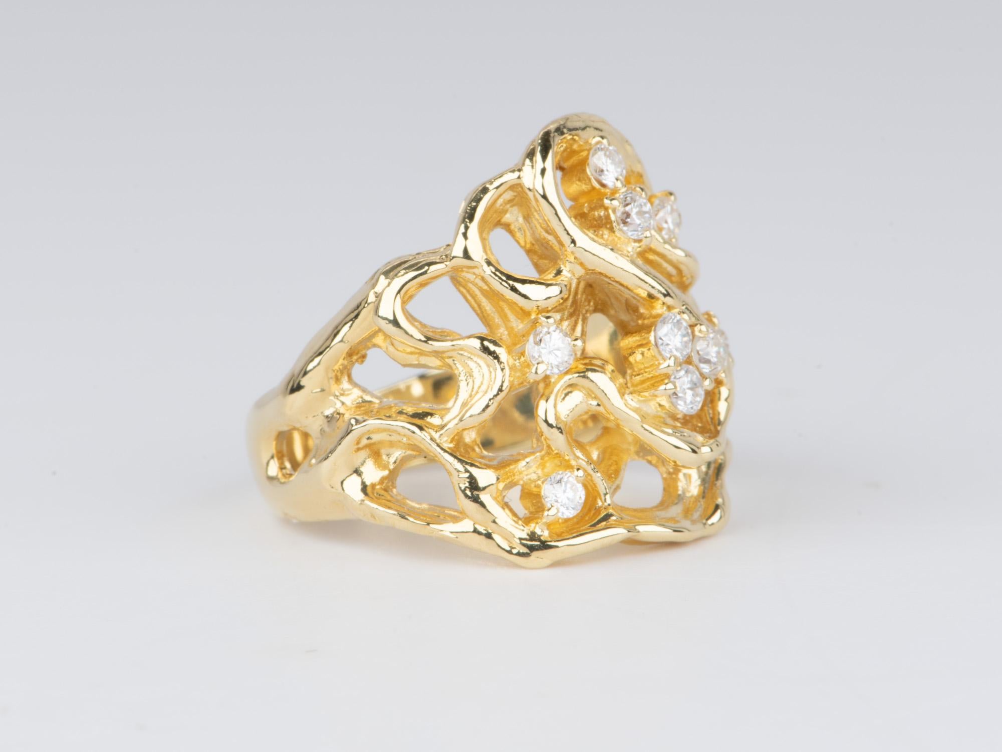 Uncut Modernist Style Branch Texture Wide band Ring with 0.32ct Diamond 18K Gold V1122 For Sale
