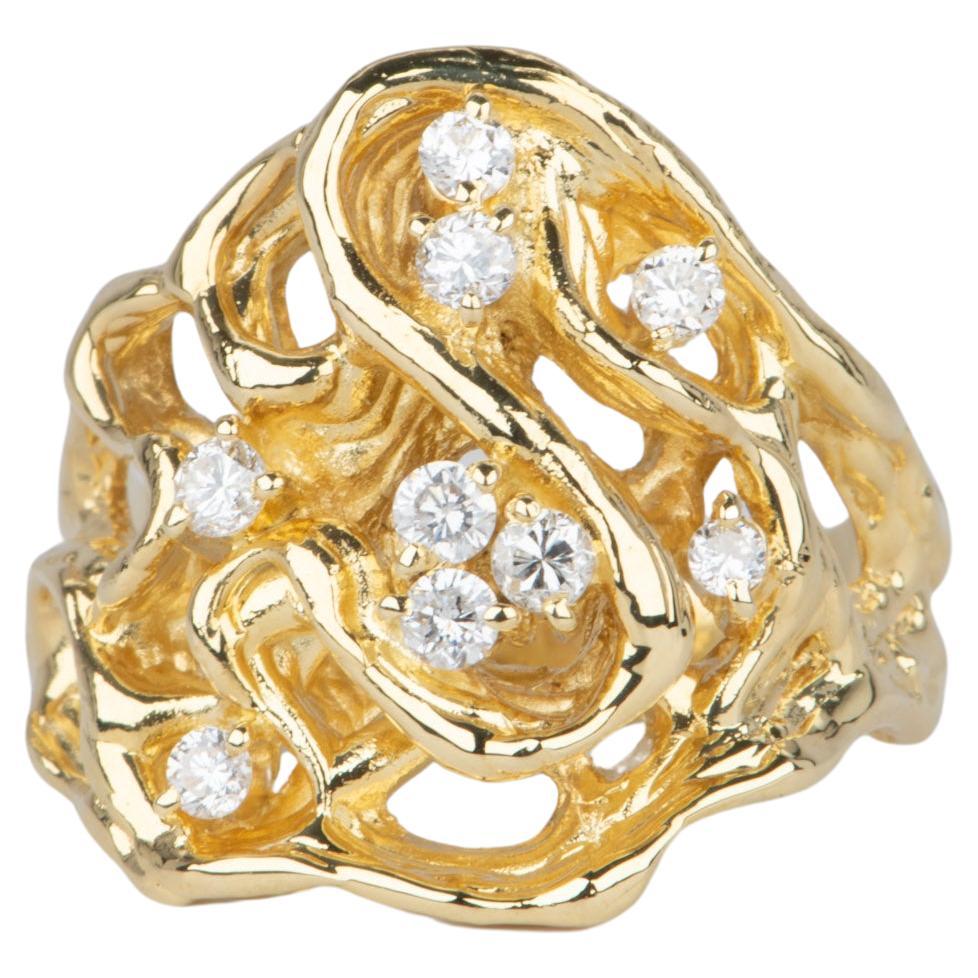 Modernist Style Branch Texture Wide band Ring with 0.32ct Diamond 18K Gold V1122 For Sale
