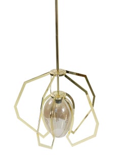 Modernist Style Brass and Amber Glass Pendant Lamps