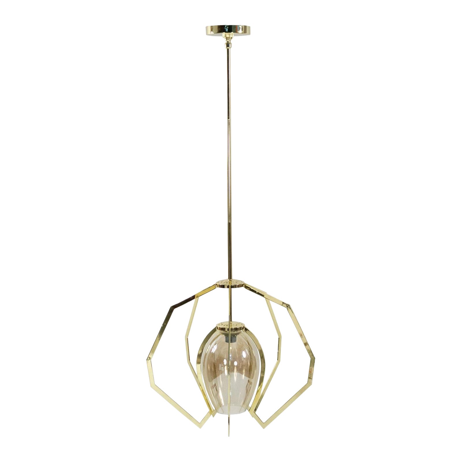 Modernist Style Brass and Amber Glass Pendant Lamps For Sale