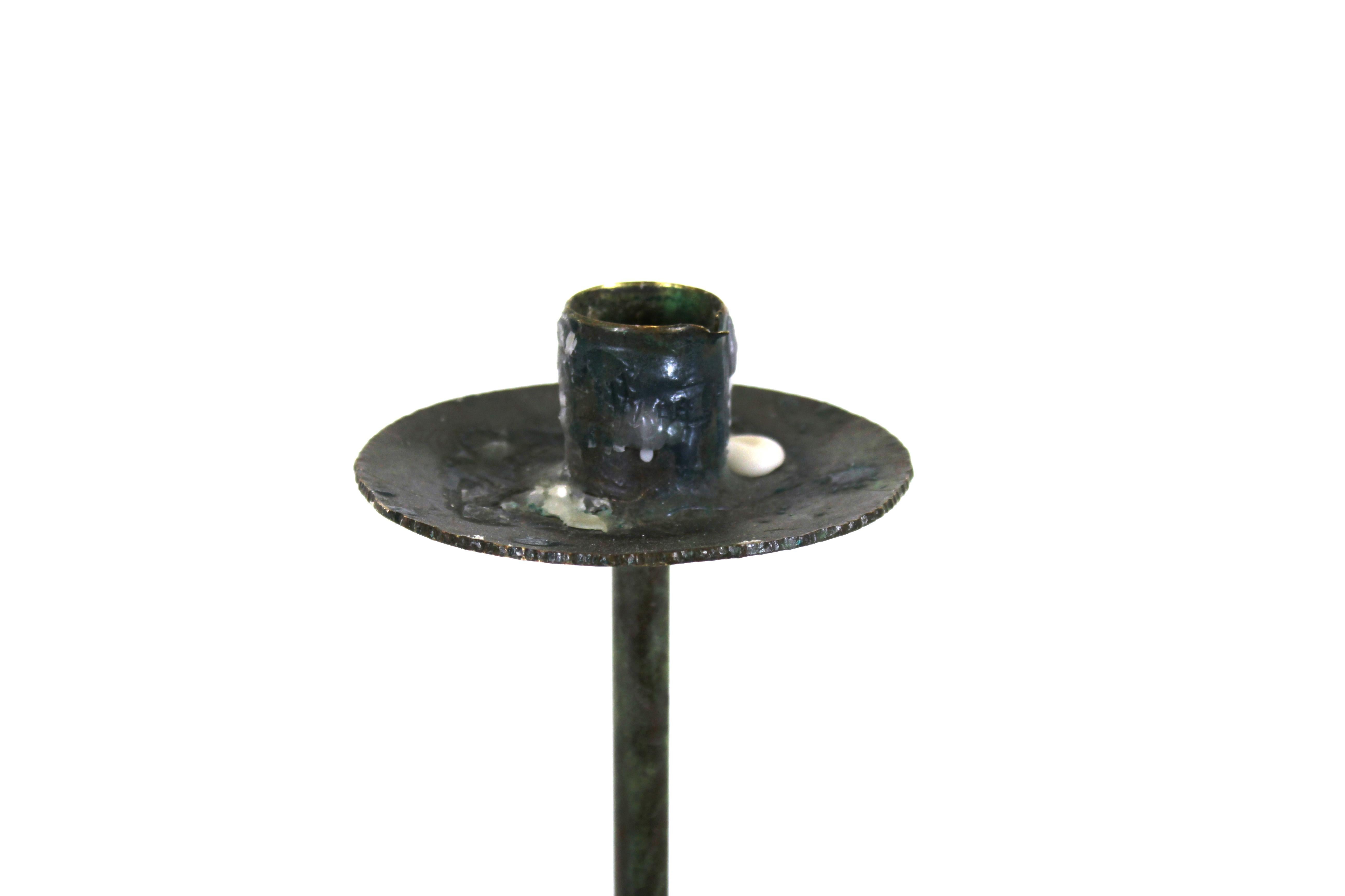 Mid-Century Modern Modernist Style Metal Tripod Candlesticks with Verdigris Patina